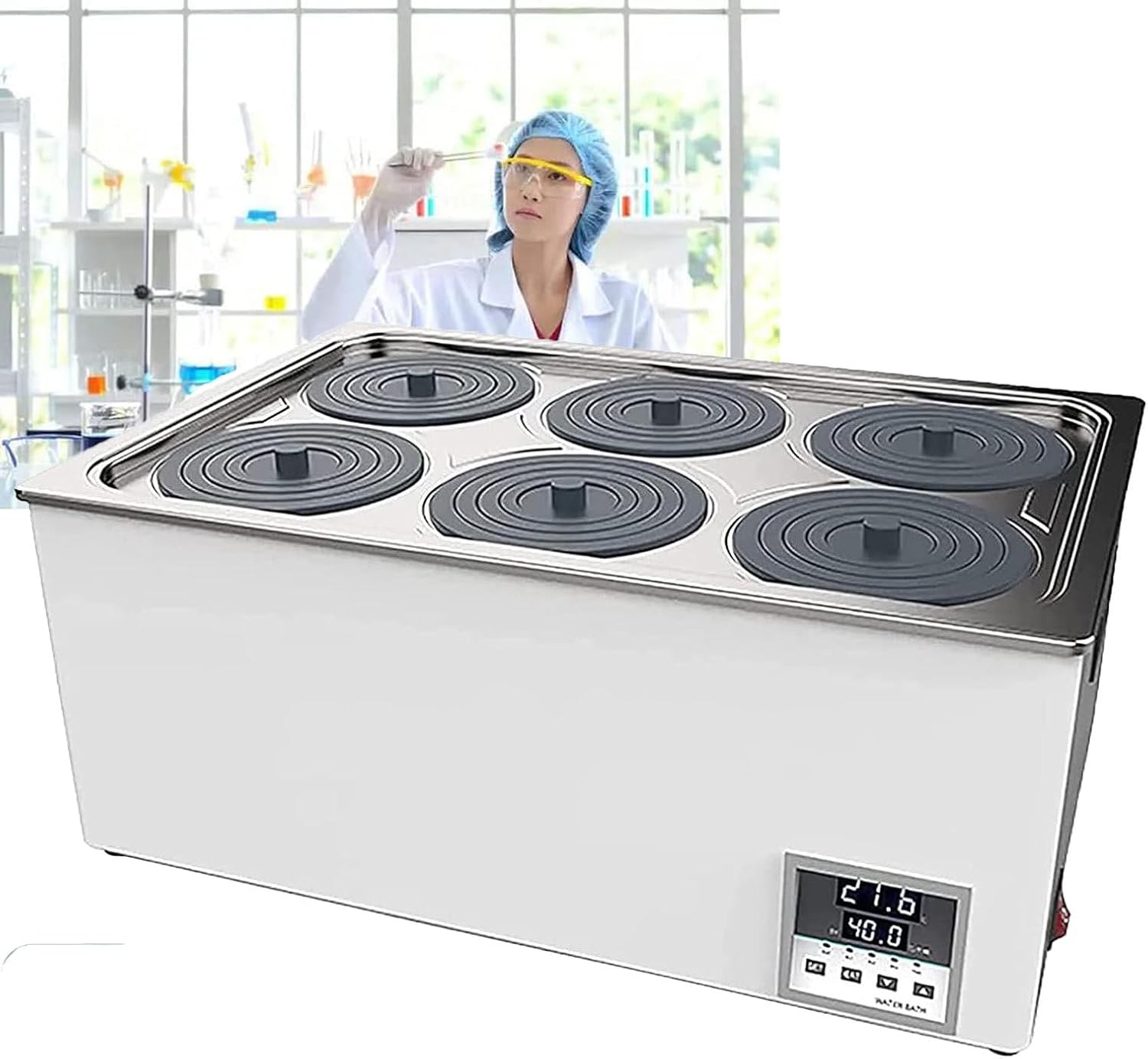 NYANS Digital Water Bath, Thermostatic Water Bath with Digital Display and Protective Cover Lid for Lab Use, 1 Chamber with 1/2/4/6 Openings, 300W/600W/800W/1200W,Sixholes1200W