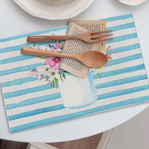 Miniatura 5 de Juego de 4 manteles individuales florales de rayas azules, lavables, resistentes al calor, para mesa de comedor, granja, exteriores, 18 x 12 pulgadas