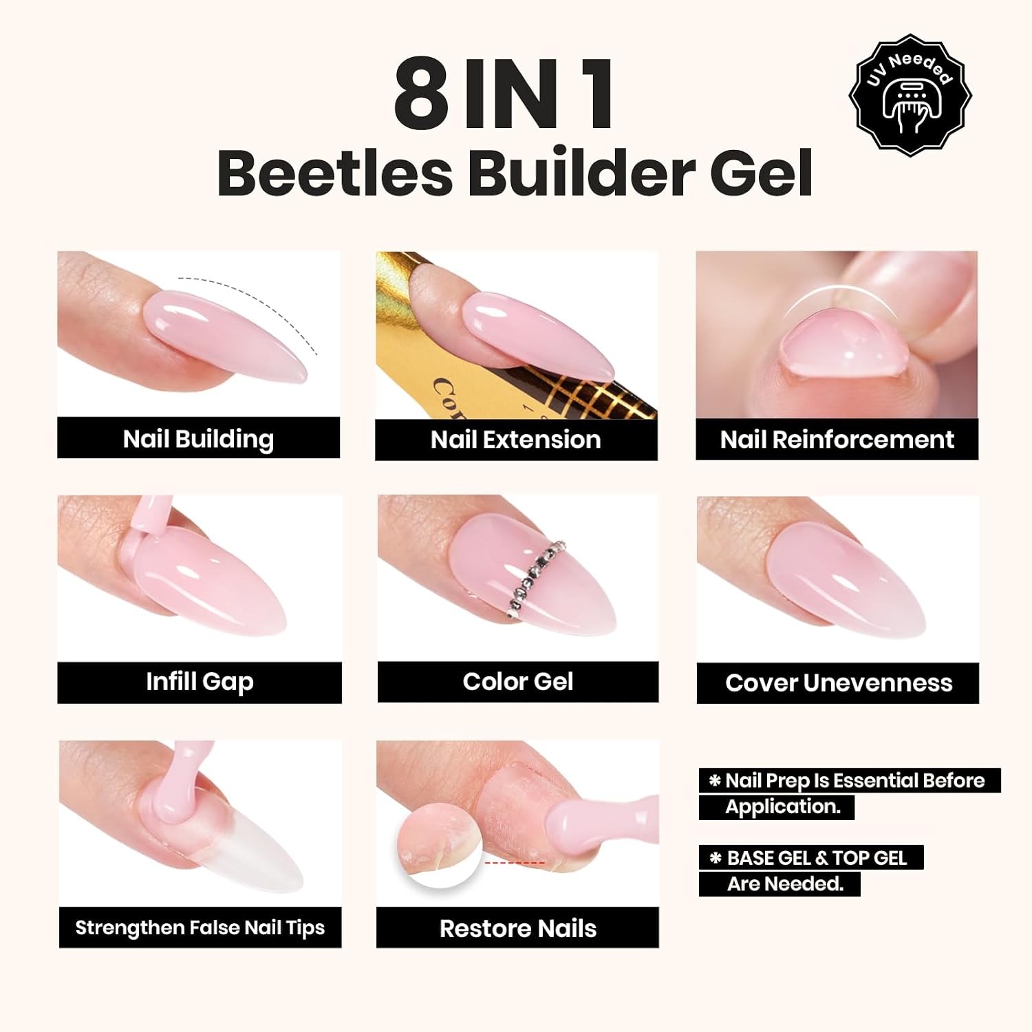 Beetles Builder Gel Set, 6 Colors 8 in 1 Nude Pink Builder Nails Gel