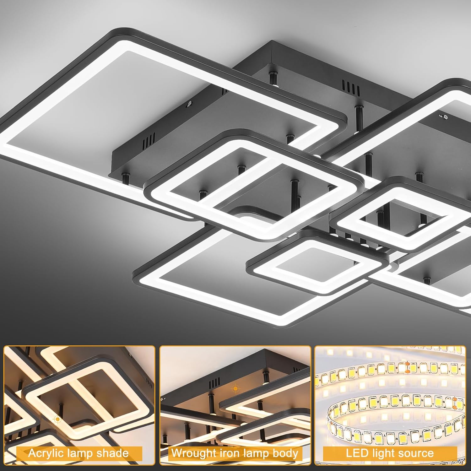 LED Ceiling Lights Dimmable Flush Mount Chandelier, Black 8-Ring Modern Acrylic LED Ceiling Lamp Fixture with Remote Control Indoor Low-Profile Lighting for Living Room, Dining Room, Bedroom Kitchen
