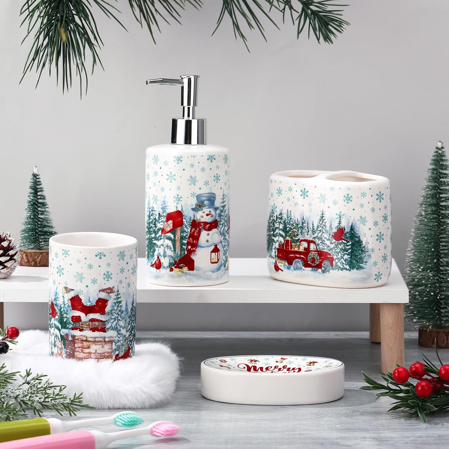 4 Pcs Christmas Ceramic Bathroom Accessories Gifts Xmas Bath Tumbler Xmas Tree Soap Dispenser Toothbrush Holder Soap Tray Merry Christmas Bathroom Decorations(Snowman)