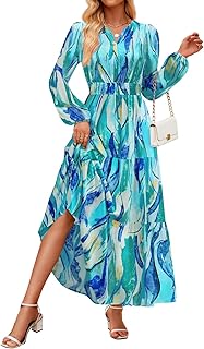 Spring Dresses for Women 2026 Long Sleeve Boho Floral V Neck Empire Waist A Line Casual Flowy Wedding Guest Maxi Dress