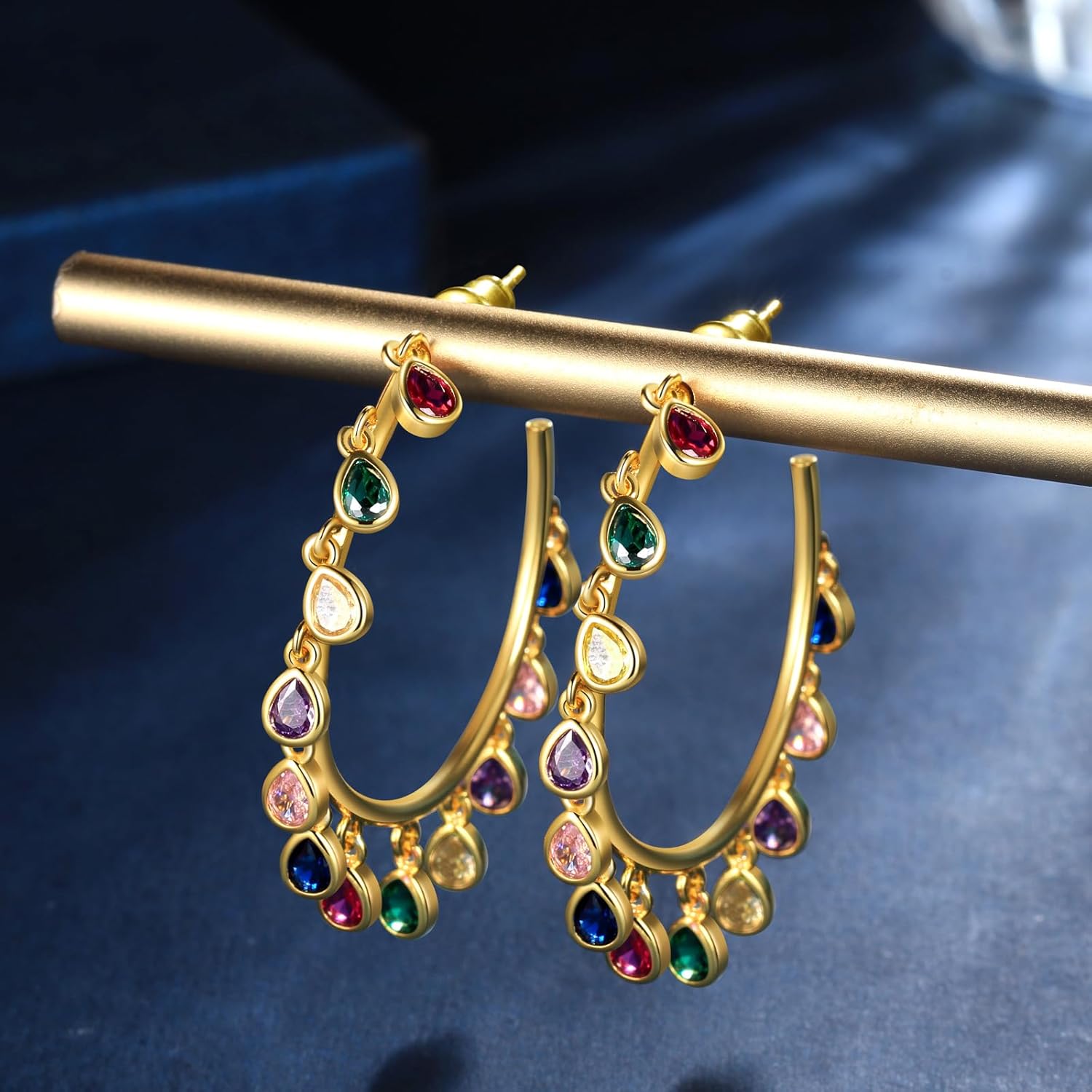 beautlace Colored Zircon Geometric Drip tassel Stud Earrings 18K Gold Plated Round Hoop with Colorful Zirconia Jewelry for Women