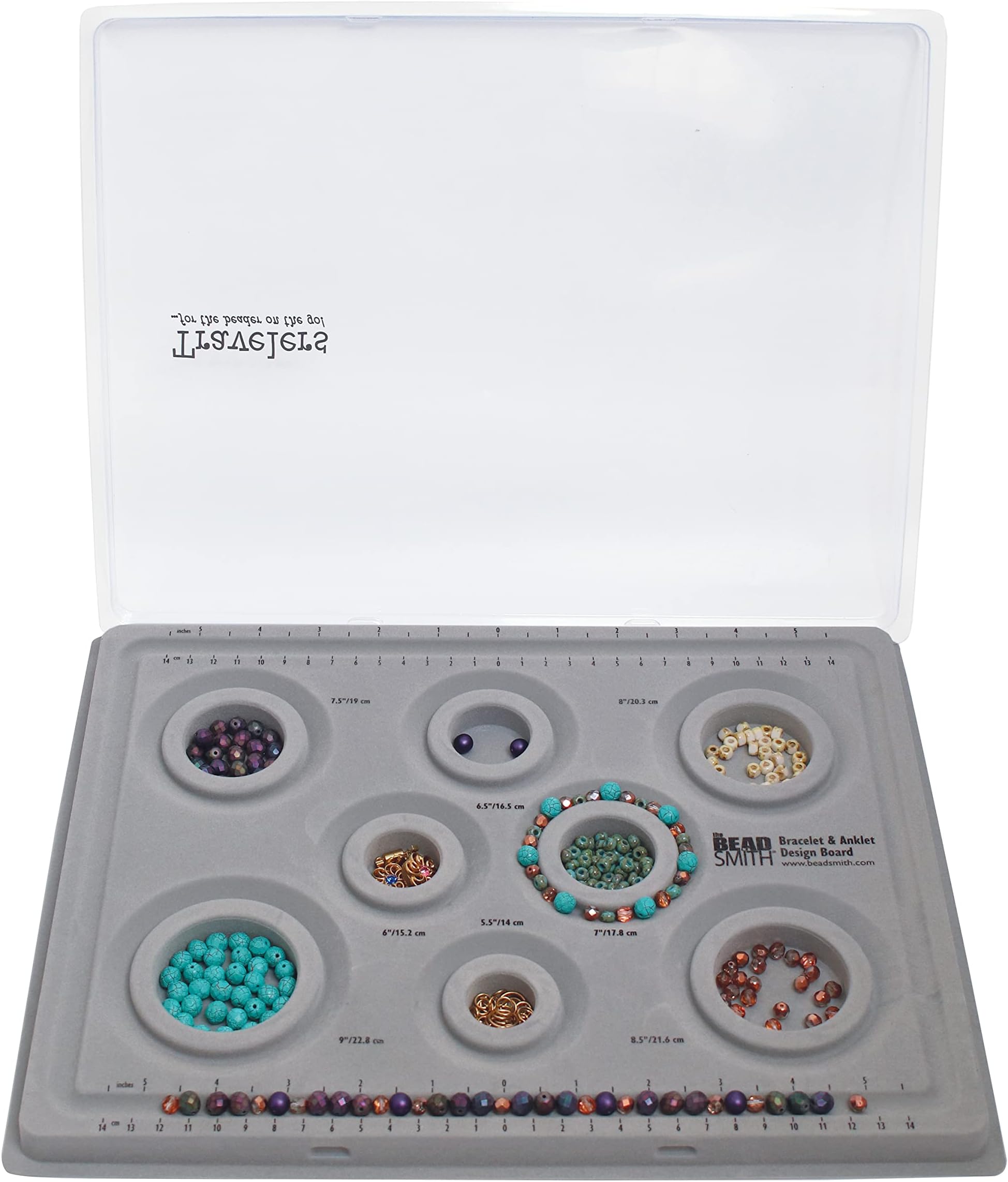 Elements Bracelet & Anklet Design Bead Board –13.75 x 10.75 x 1 Inches – Removable Transparent Cover – Flocked Surface, Multiple Channels & Printed Ruler – for Jewelry Making