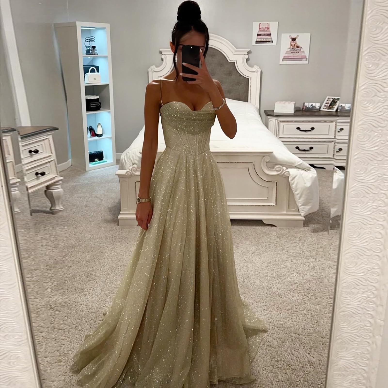 Abito da sposa, senza maniche, con spalline sottili, senza maniche, plissettato, linea ad A, lunghezza al pavimento, per feste di fine anno e matrimoni