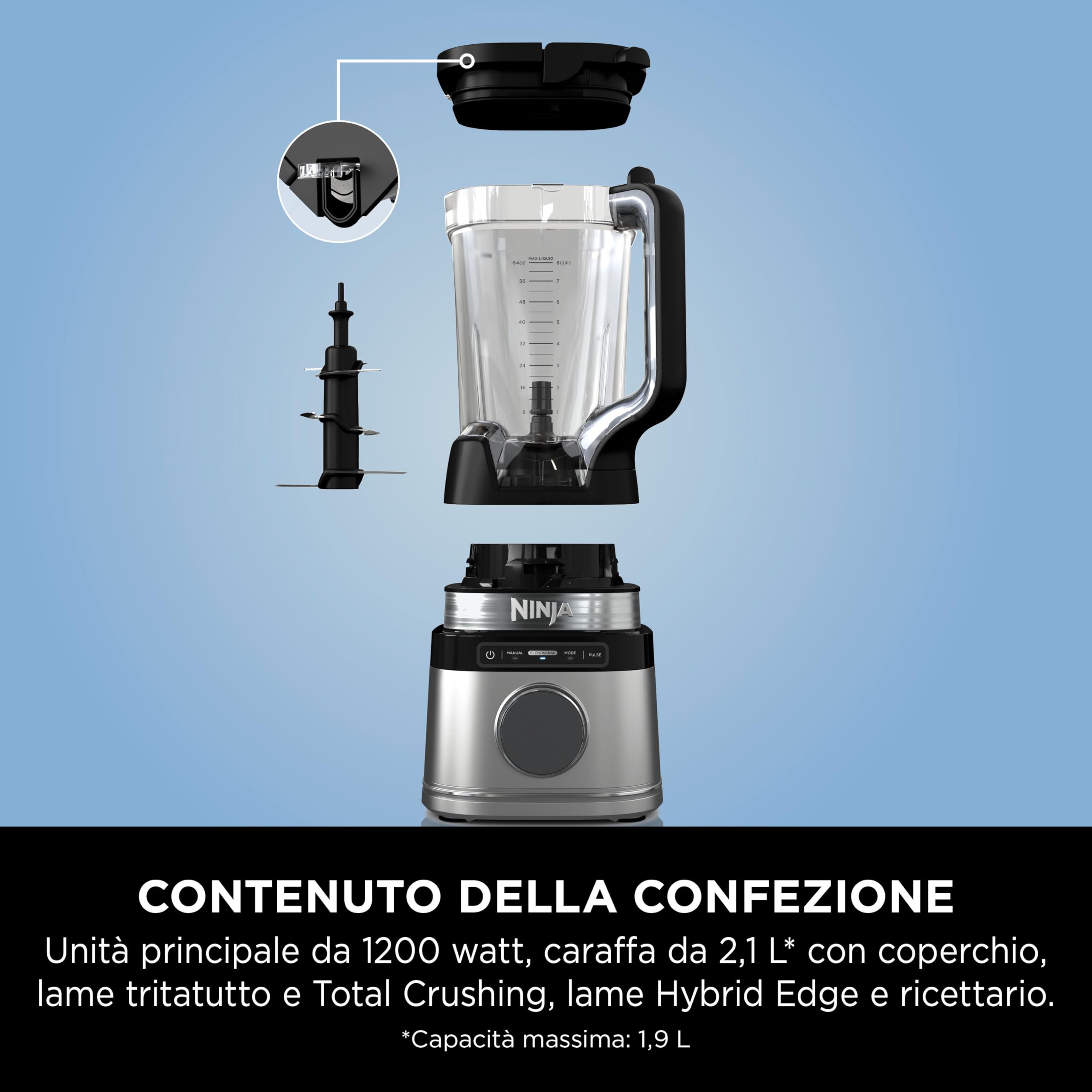 Ninja Frullatore Detect Power Pro, 1200W, Nero, TB201EU | Caraffa da 2L (Capacità Massima di 1900ml), Potente Frullatore per Smoothie, Tritare Verdure e Preparare Bevande Ghiacciate