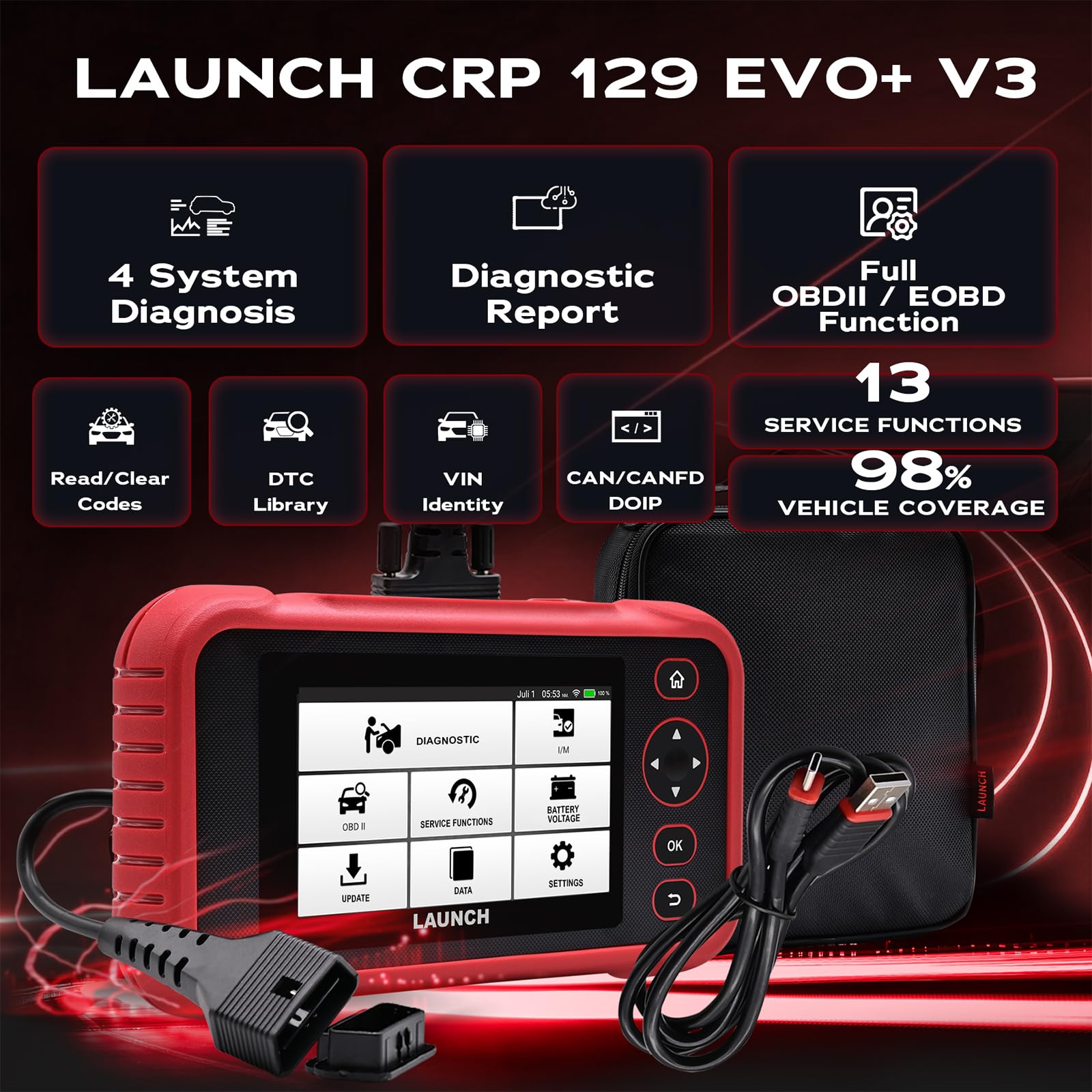Launch Europe CRP 129 EVO+ V3 OBD2 urządzenie diagnostyczne do samochodu, 4 systemy silnika/ABS/SRS/skrzynia biegów, 13 funkcji serwisowych, ekran dotykowy, Android, WLAN 2.4 i 5 GHz, CAN FD i DoIP