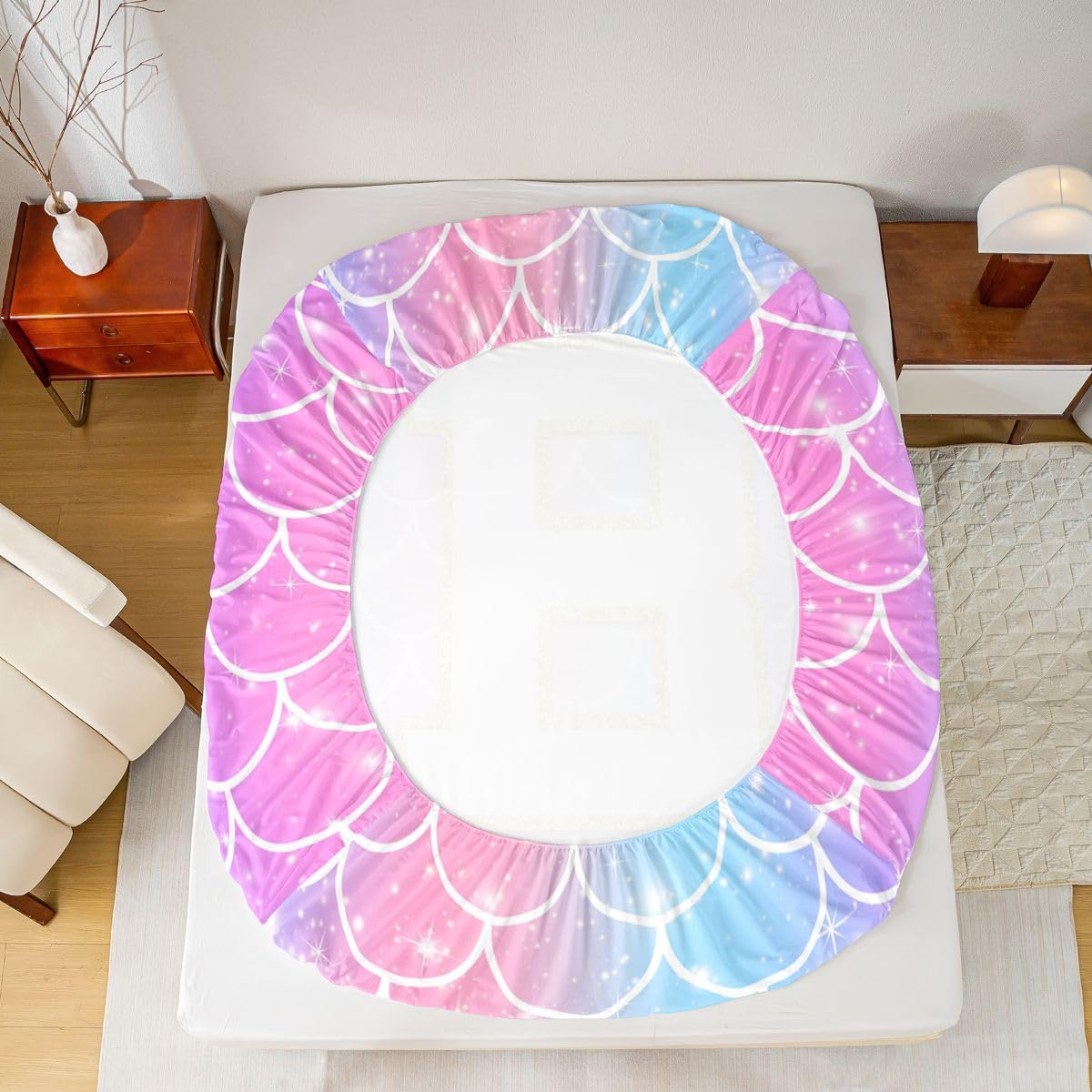 Erosebridal Kids Pink Purple Mermaid Full Fitted Sheet for Girls | Customized Letter B Cute Bed Sheets Princess Gradient Fish Scales Bedding Set for Teens Ombre Mermaid Scales Sheets