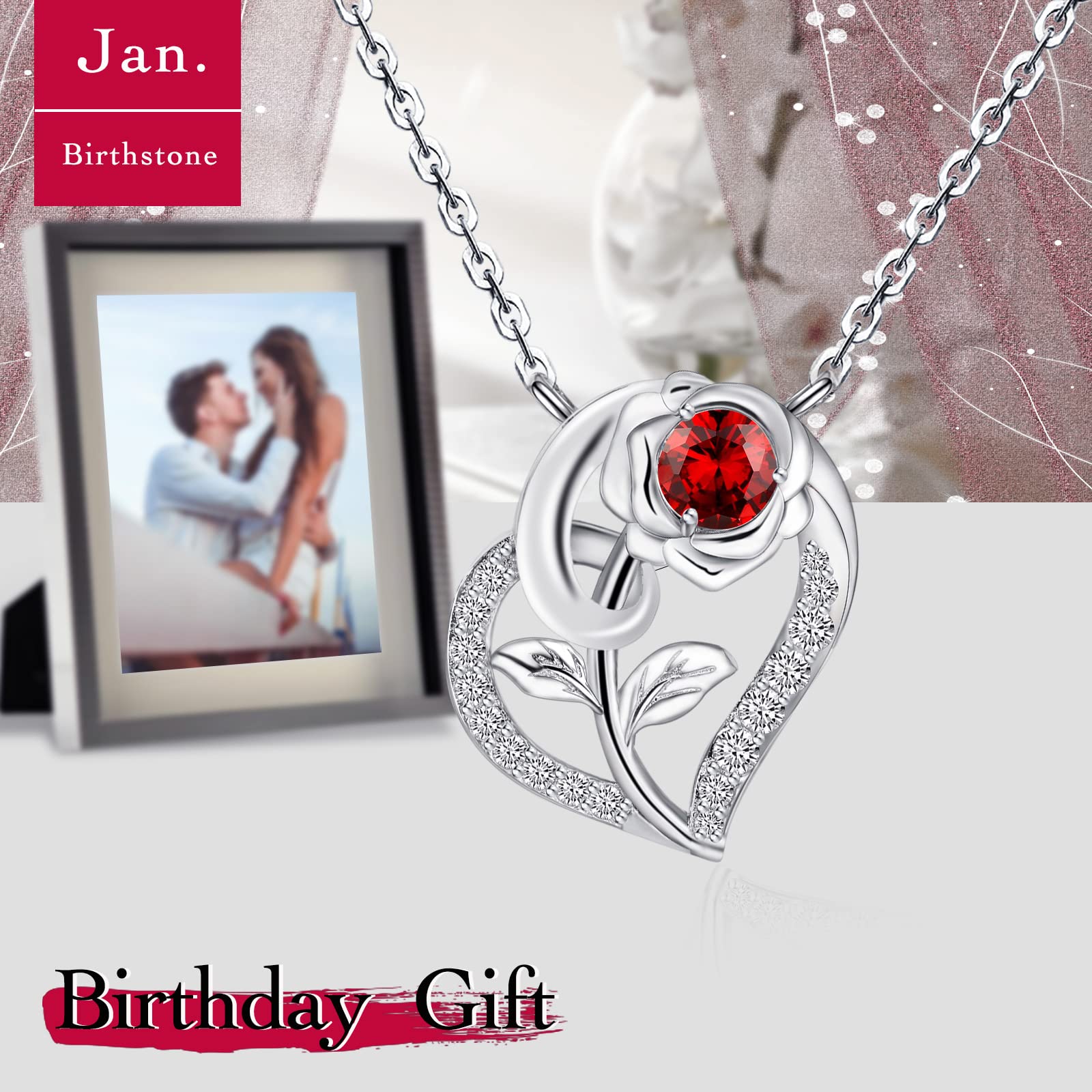 Qings Collana Donna Cuore Rosa Fiore Argento 925 Collana Ciondolo Pietra Portafortuna con Zirconi Romantico Compleanno San Valentino Regali di Natale Gioielli per la Fidanzata Moglie