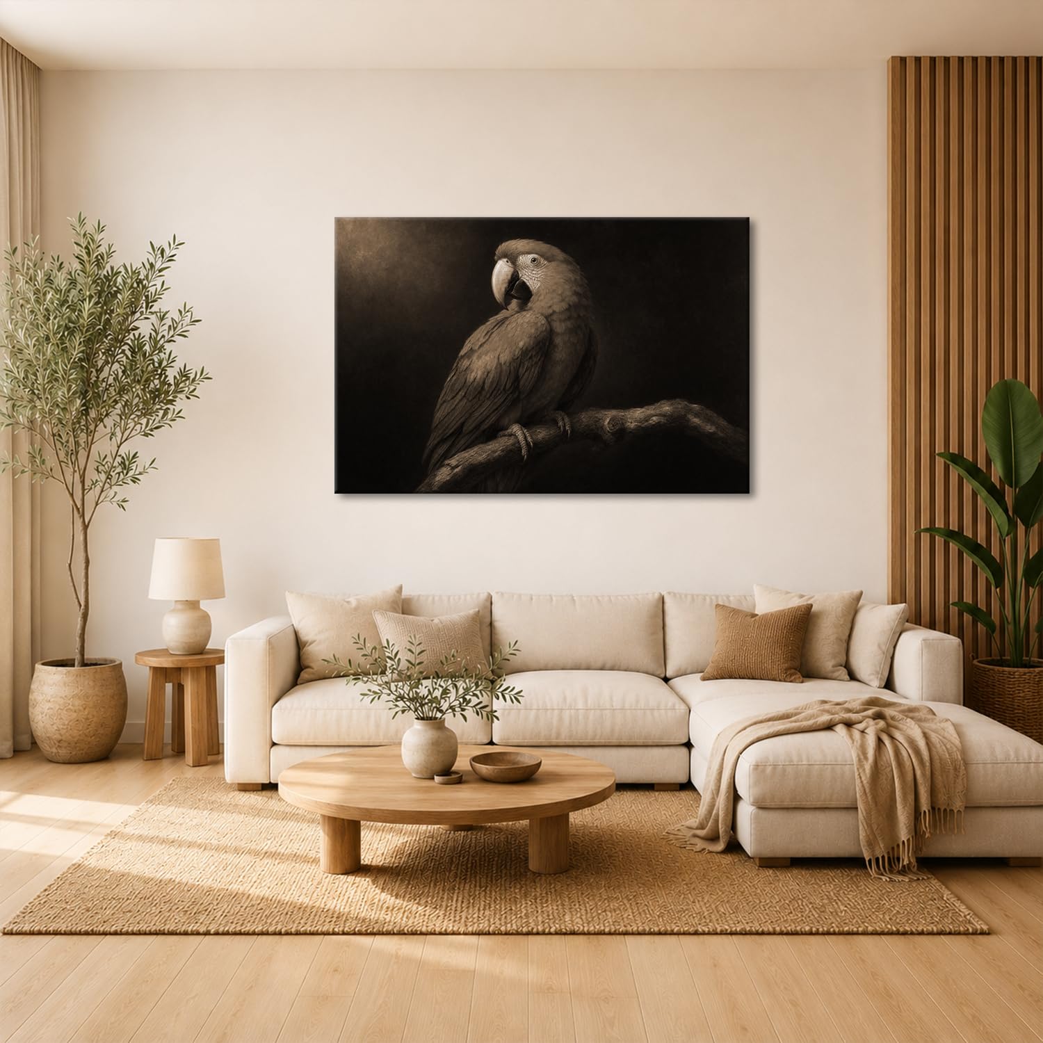 deyoli Obraz na płótnie Kolorowa papuga siedząca na gałęzi 90 x 60 cm Sepia | Format poziomy, jednoczęściowy druk artystyczny XXL, obraz na blejtramie, obraz na płótnie, obraz ścienny, dekoracja salonu