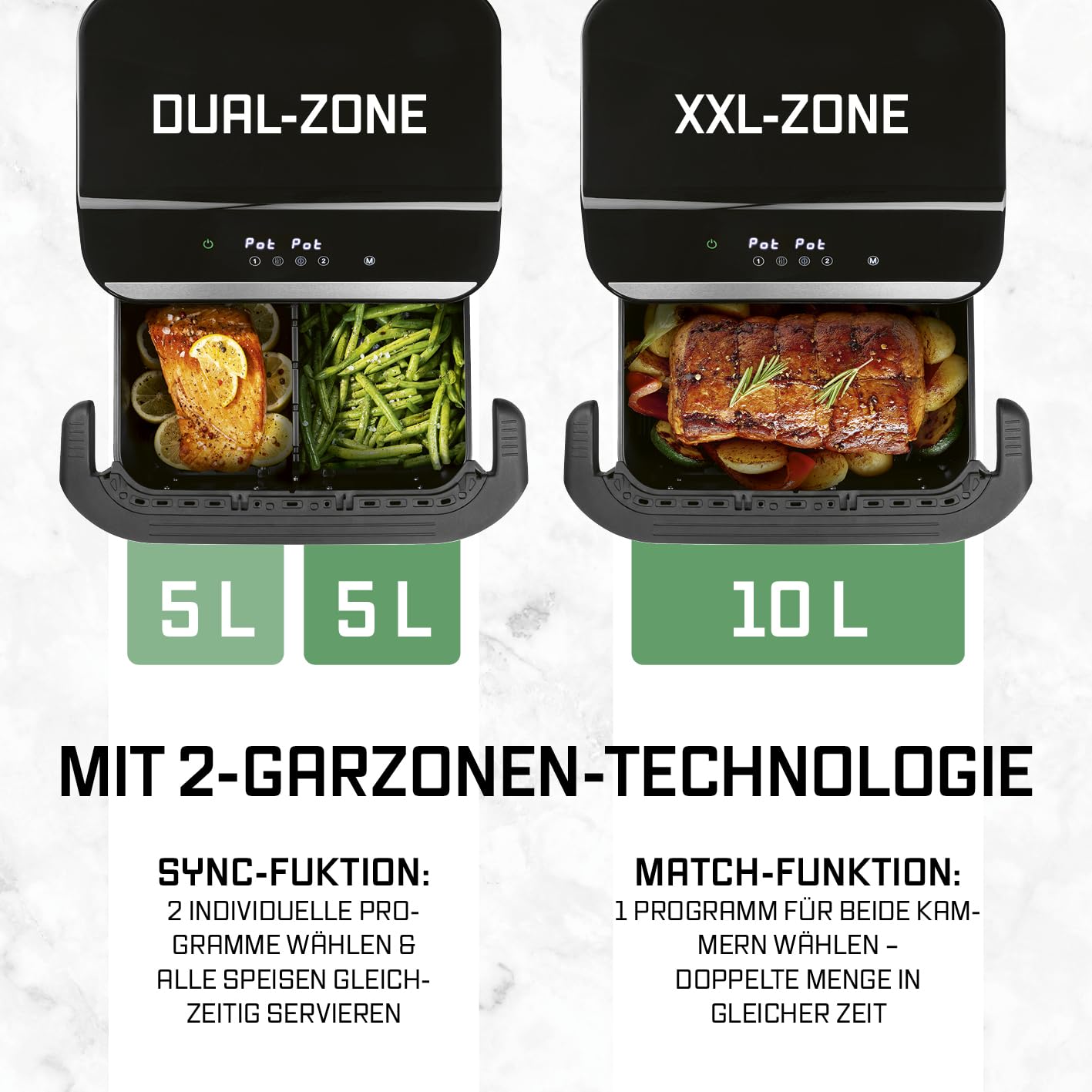 GOURMETmaxx Heißluftfritteuse, 10 L - 2 x 5 L Airfryer Vario-Kammer | Fritteuse mit 8 Programmen & Touchscreen | Heißluftfritteuse 2 Kammern – 2 Speisen gleichzeitig zubereiten | für max. 8 Personen