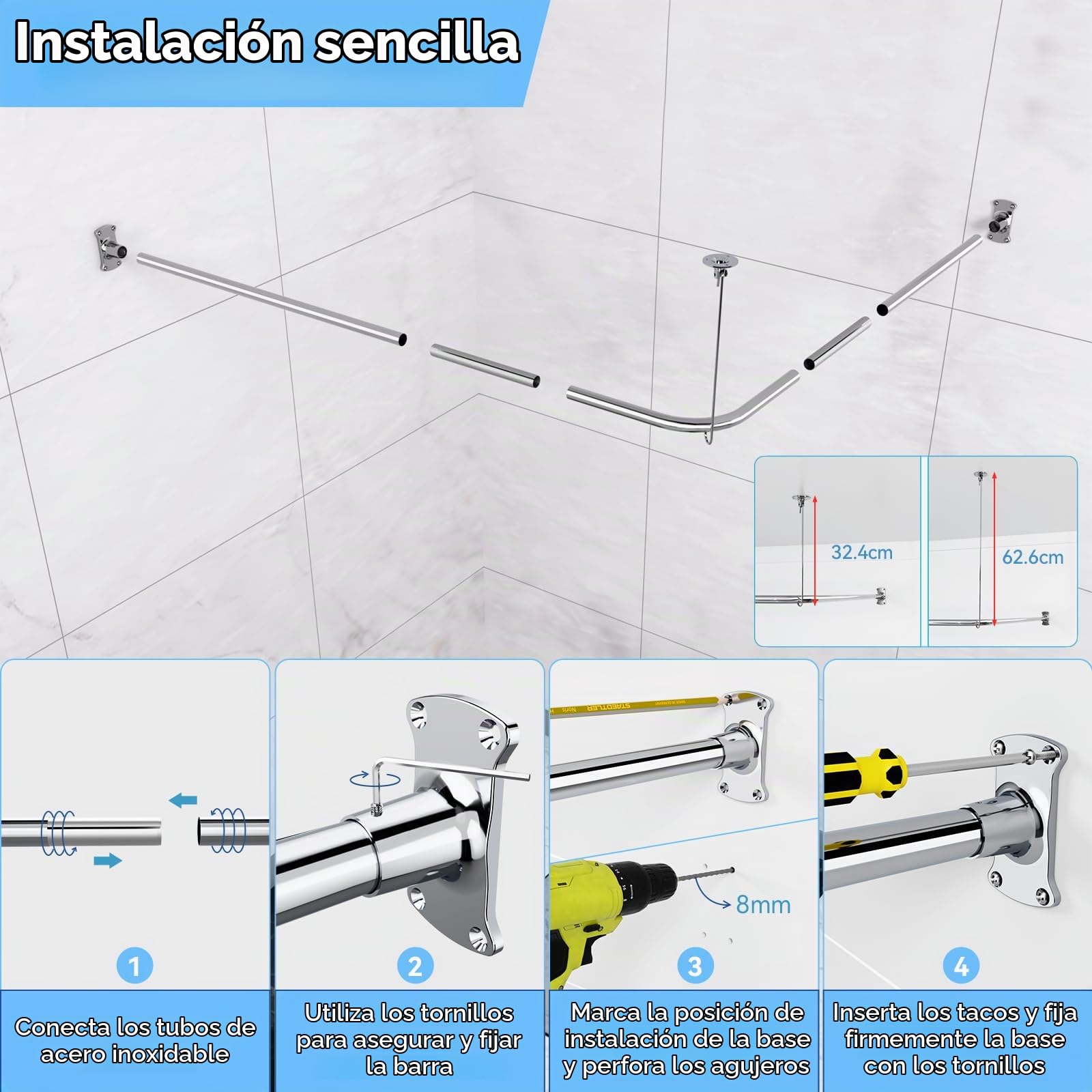 Barra de Cortina de Ducha en Forma de L, 100-120 x 100-190 cm | Barra de Ducha Ajustable de Esquina, Acero Inoxidable SUS304, Incluye 16 Anillos de Cortina