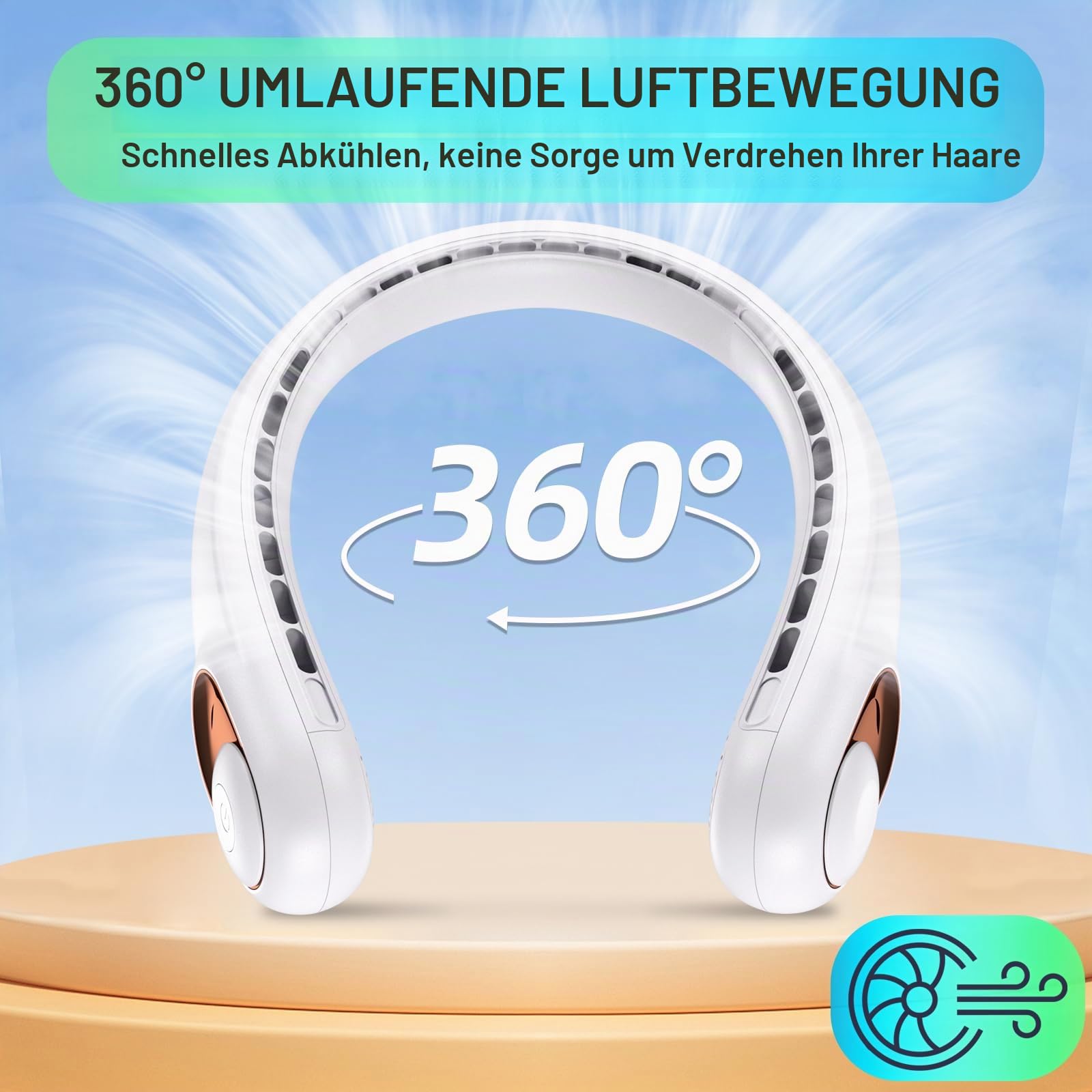 KIDEE Nackenventilator, Halsventilator 360° Luftstrom, Tragbarer Neck Fan zum Umhängen, Ultraleise Mini Ventilator, 3 Geschwindigkeiten, 4000mAh Akku, USB Wiederaufladbar, Snowy