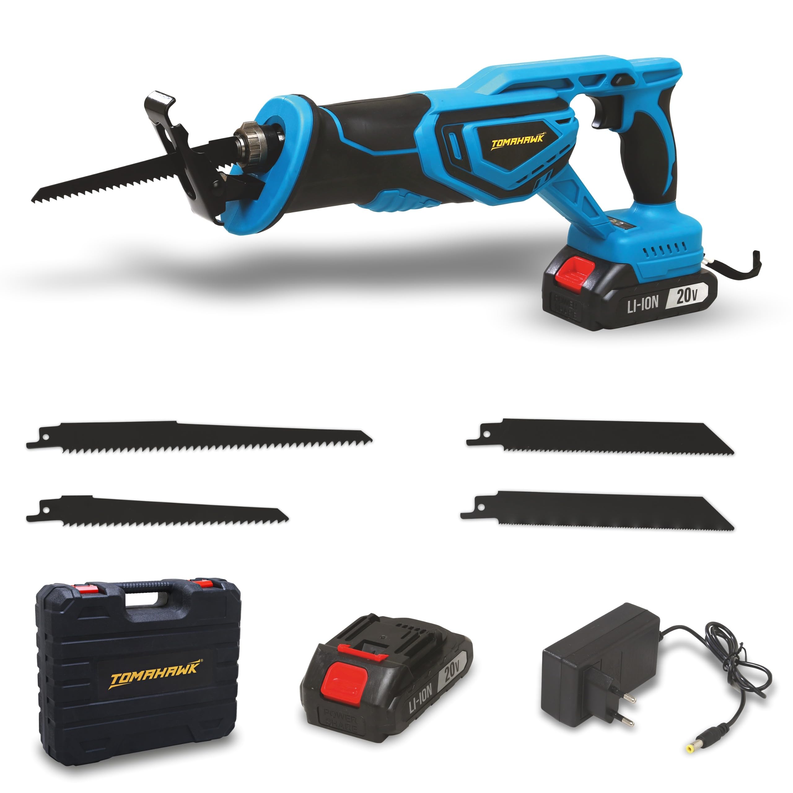 TOMAHAWK® TCRS 10602 Cordless Reciprocal Saw – 20V, 3000 SPM, Versatile Cutting Tool | Max Cutting Depth: 250mm Wood, 130mm Plastic, 20mm Metal | Includes 2 Wood Blades, 2 Batteries & Charger