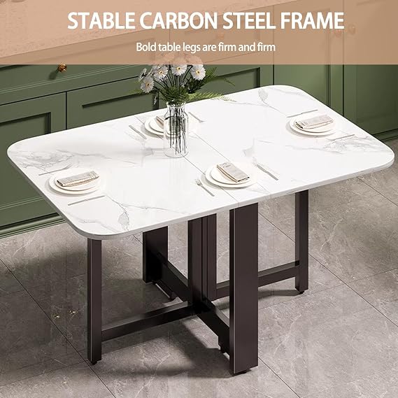 Foldable Dining Table,Extendable Drop Leaf Table with Adjustable Foot Pads Anti Fall Bracket,with Metal Frame, Drop Leaf Tables for Small Spaces, Living Room(White stone pattern,100cm)