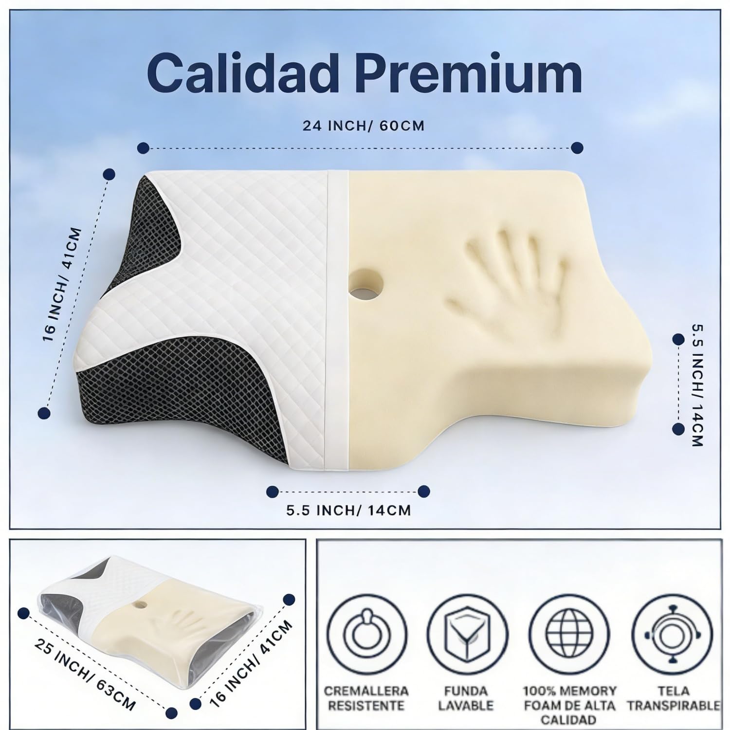 OrthoSleep Almohada Cervical Ergonómica – Alivia Dolores de Cuello y Hombros, Viscoelástica con Funda Lavable, Mejora la Calidad del Sueño (Negro)