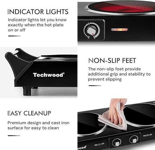 Miniatura 6 de Placa caliente, estufa eléctrica Techwood de 1800 W, quemadores dobles de encimera para cocinar, cocinas dobles de cerámica infrarroja, acero