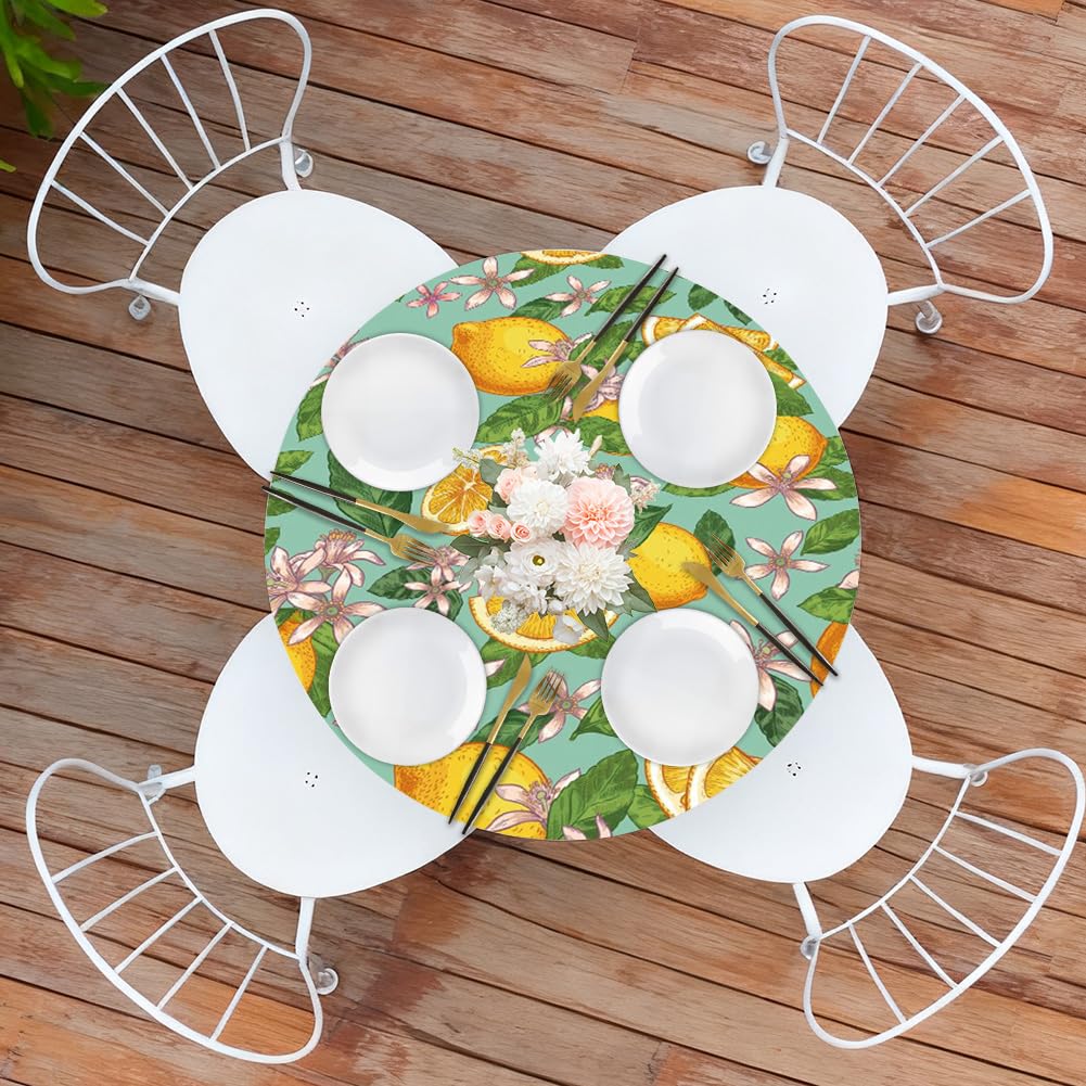 Yuragim Mantel redondo para exteriores con goma elástica, 90 cm, redondo, lavable, para exteriores, resistente a la intemperie, mantel elástico para jardín con estampado de limón, apto para mesas de