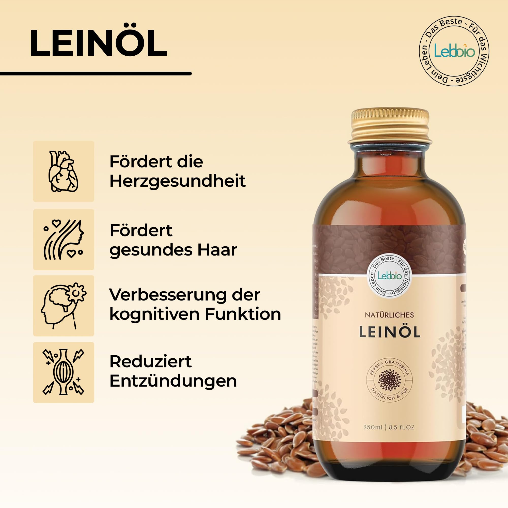 LEBBIO Huile de lin 250 ml [100 % naturelle et pressée à froid] Huile de lin vierge – Riche en acides gras oméga 3 insaturés, antioxydants et calcium, huile Flaxseed Oil non filtrée, 100 % naturelle