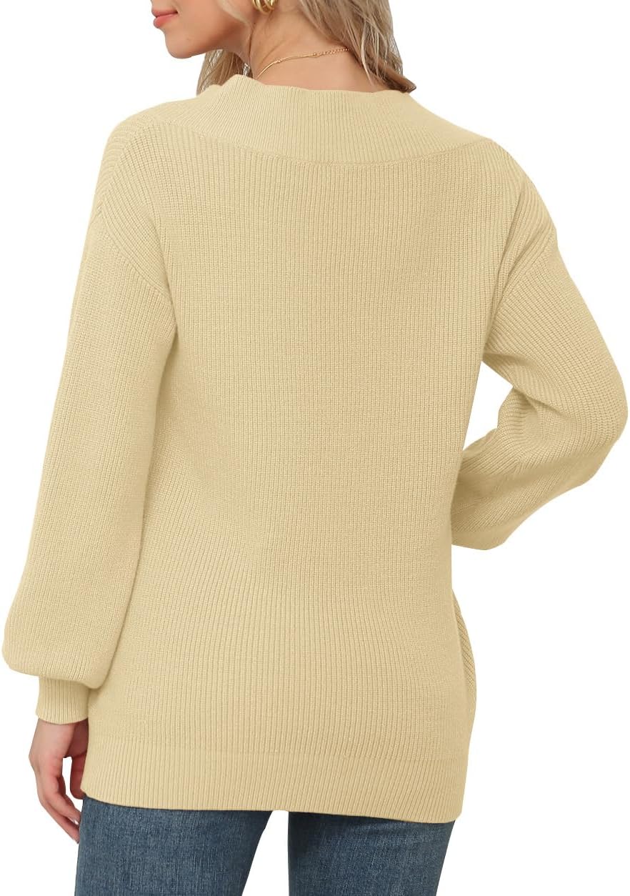 Feiersi Women's Off Shoulder Sweater Long Sleeve Loose Tops V-Neck Pullover Knit Jumper - Image 6