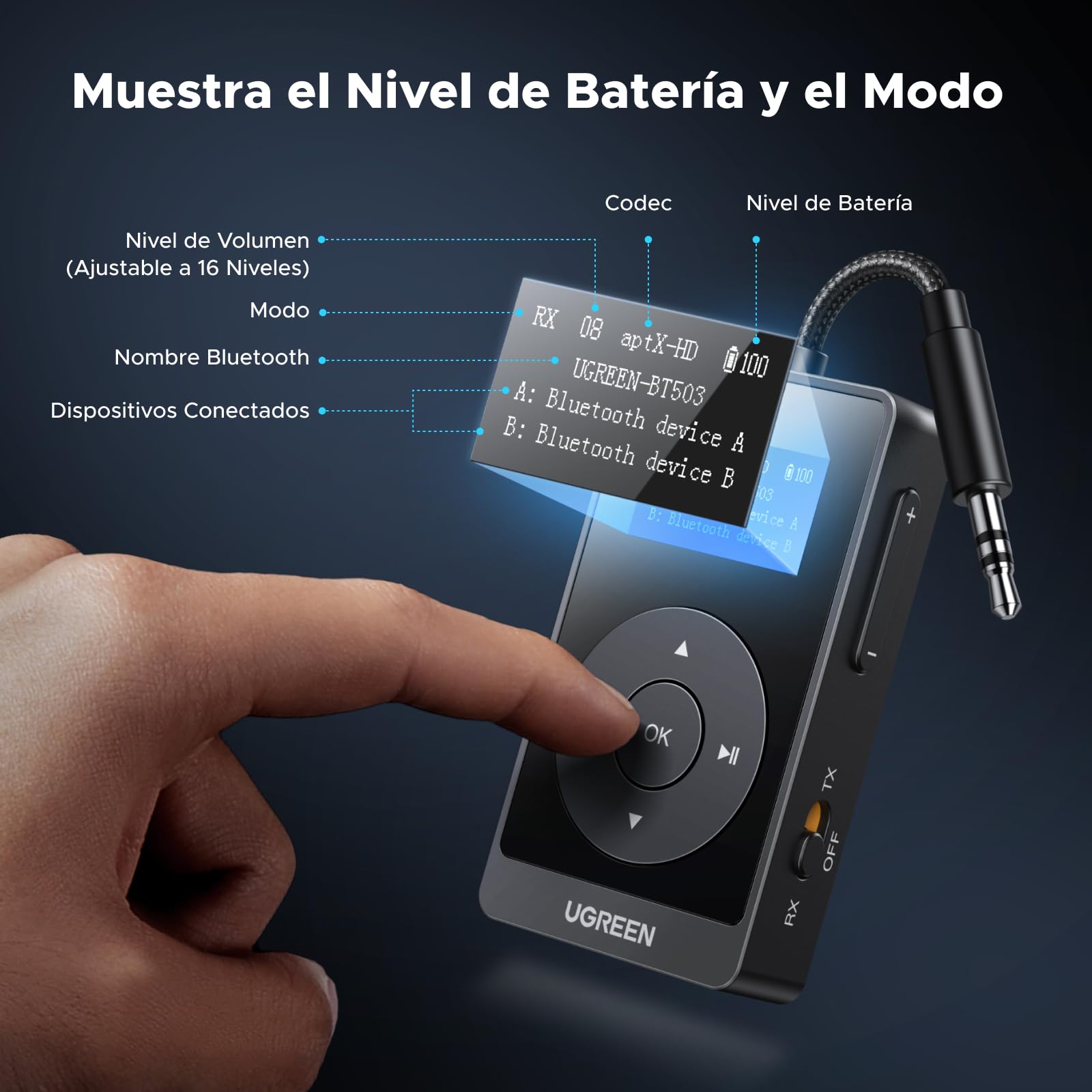 UGREEN Receptor Transmisor Bluetooth 5.3 aptX HQ Adaptador Bluetooth 2 en 1 Jack 3,5mm Audio para Coche Altavoz Auriculares Amplificador TV