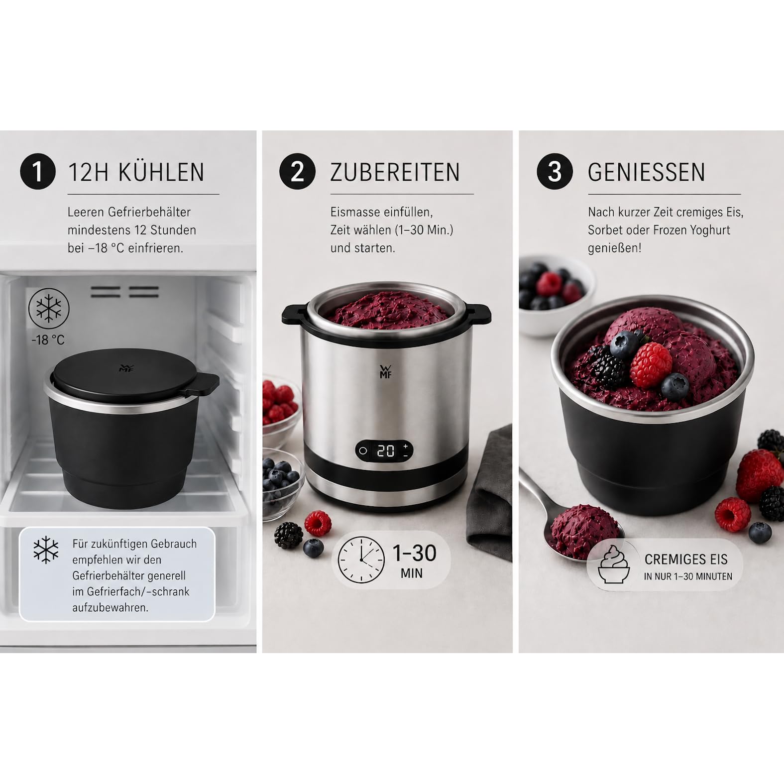 WMF Küchenminis 3in1 Eismaschine, Frozen Joghurt, Sorbet, Eiscreme, 300 ml, 30-Minuten-Time, spülmaschinengeeignet