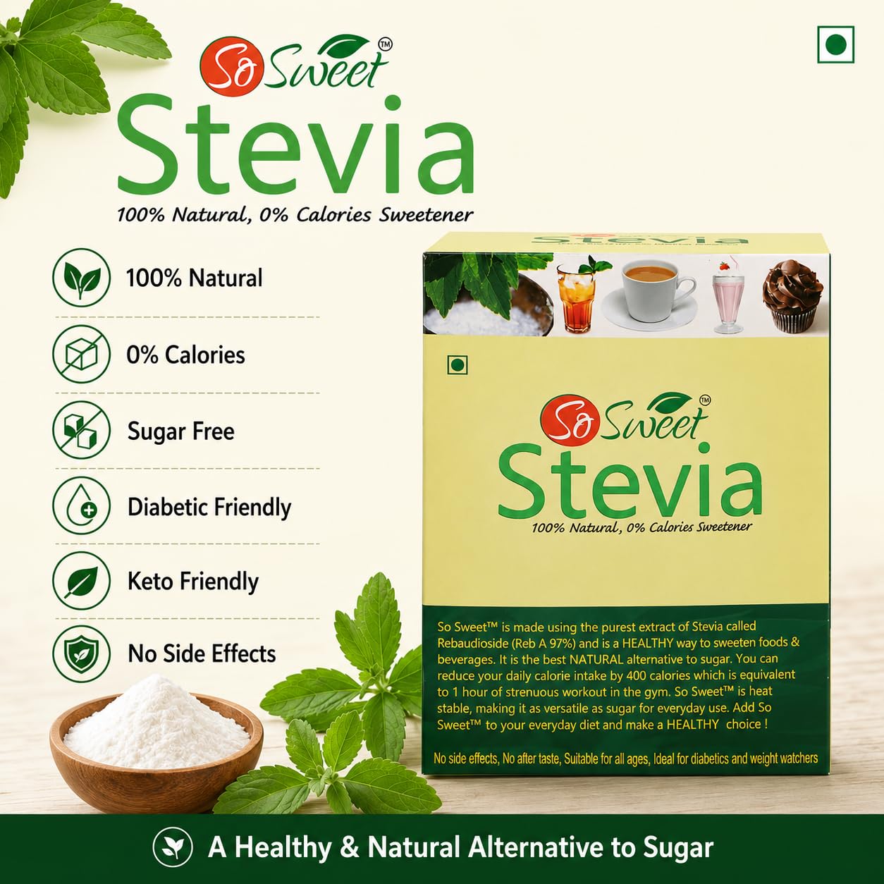 So Sweet Stevia 300 Tablets and 50 Sachets - Sugar-Free, Natural, Zero-Calorie Sweetener, Pack of 4, Ideal for Diabetics & Keto Diets, Convenient for Sweetening Drinks, Tea, Coffee, and Baking — Amazon image 6
