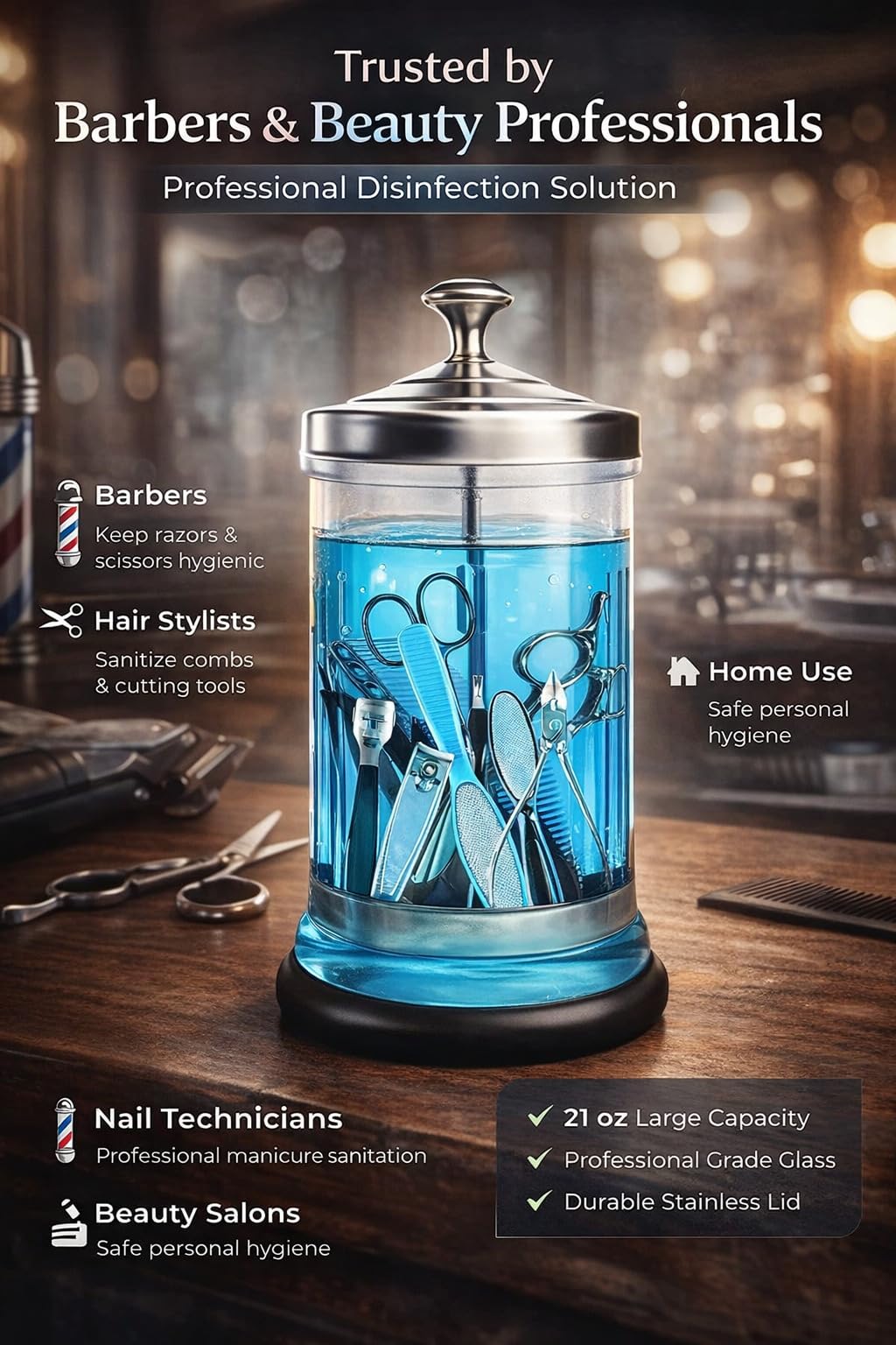 Petit pot désinfectant en verre pour barbiers et salons – Pot de stérilisateur professionnel pour fournitures de barbier et outils à ongles – 621 ml