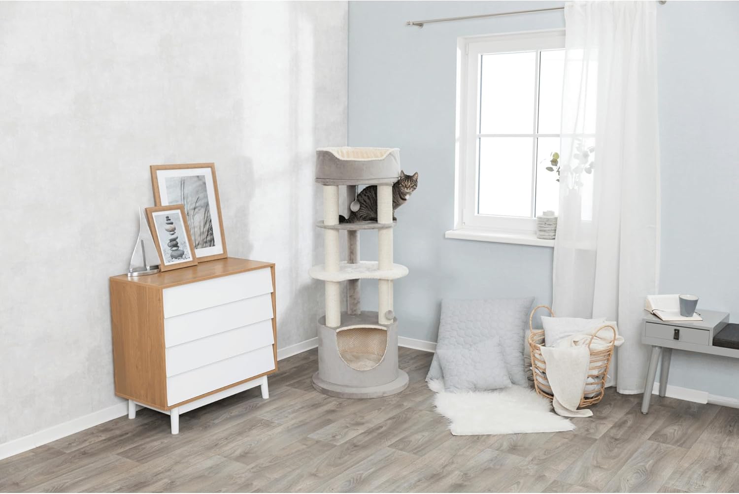 review TRIXIE Lavinia 54-in Cat Tower, Jute Scratching Posts, Plush-Covered Cat Tree, Condo, Platforms, Dangling Cat Toy, Gray