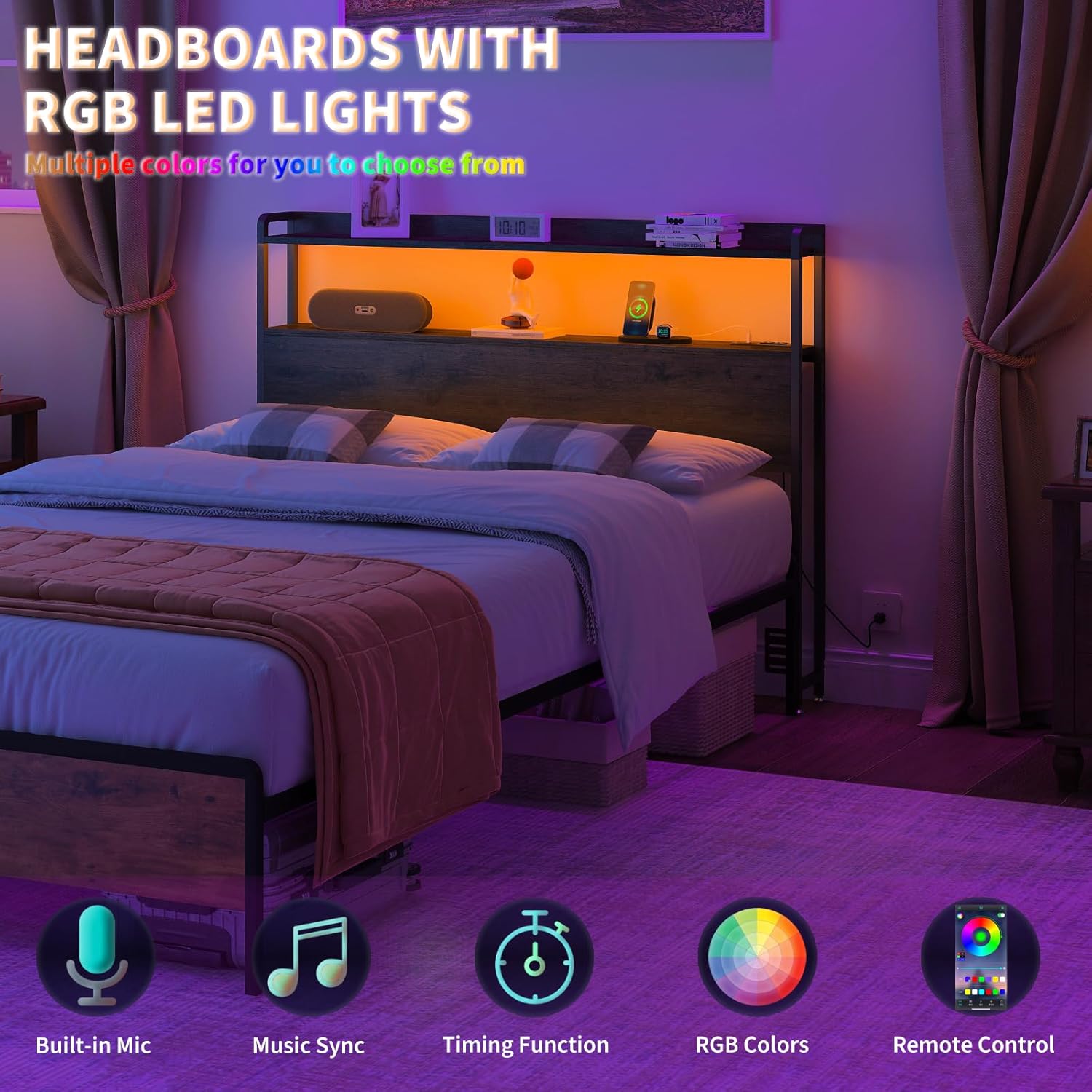 Adjustable Full Size Headboard with Outlets, USB Ports,Type-C,LED Lights, and Storage, Rustic Brown, Sturdy Headboard for Enhanced Comfort and Functionality,Black Oak,Bed Frame NOT Included