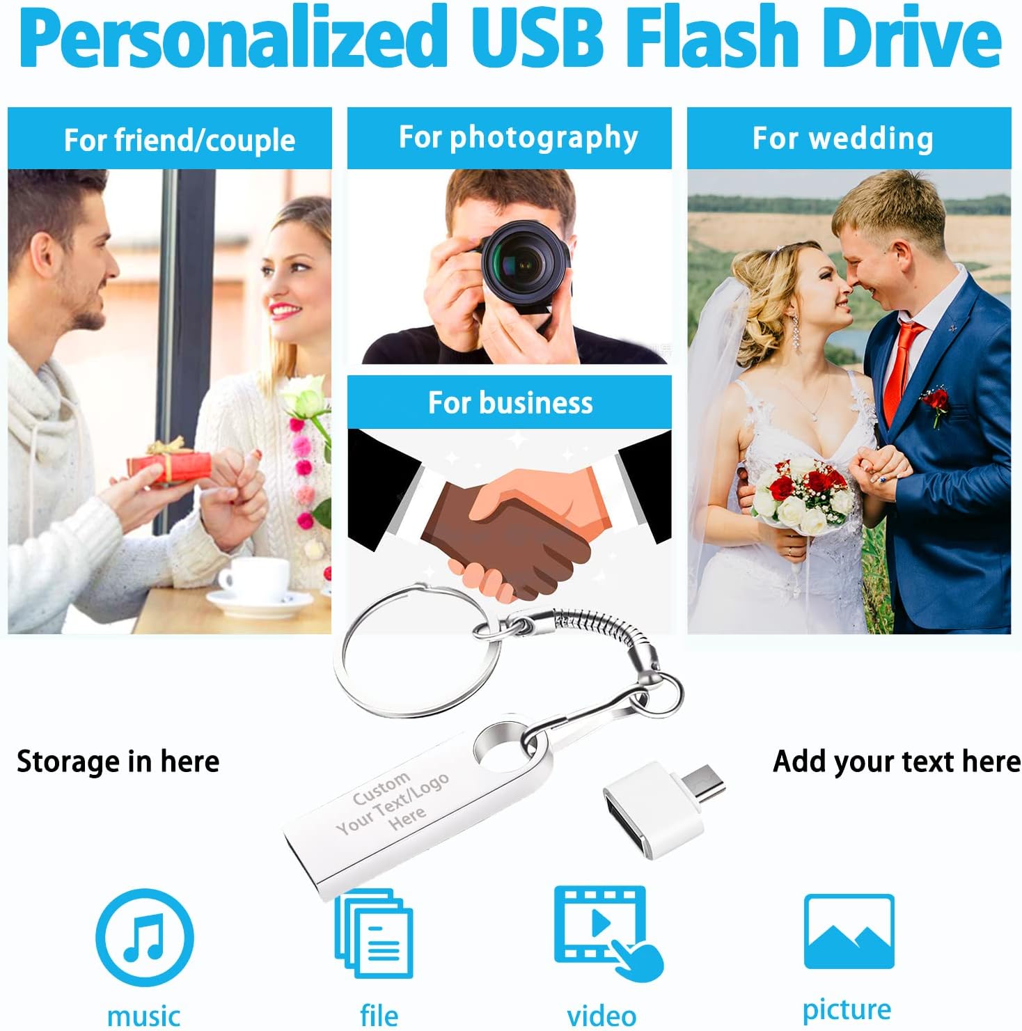 Custom Logo USB 2.0 Flash Drive Bulk Personalized USB Thumb Drive with Keychain and USB C Adapter Engraved Free Metal Pen Drive - as Promotional Gift 50 Pack Wholesale(4GB,25PCS Silver+25PCS Gold)