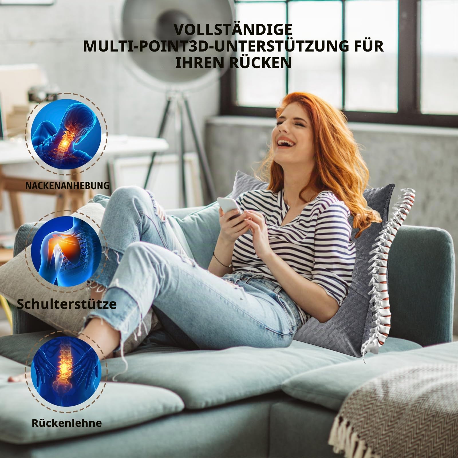Keilkissen – Kopfteil Lesen – & Bettruhe Kissen klein, Rückenlehne/Ehemann-Kissen für Bett, Rückenstütze, Fernseher, Bettruhe, Rückenschläferrolle, Arbeitszimmer, Dreieckskeilkissen (klein, grau)