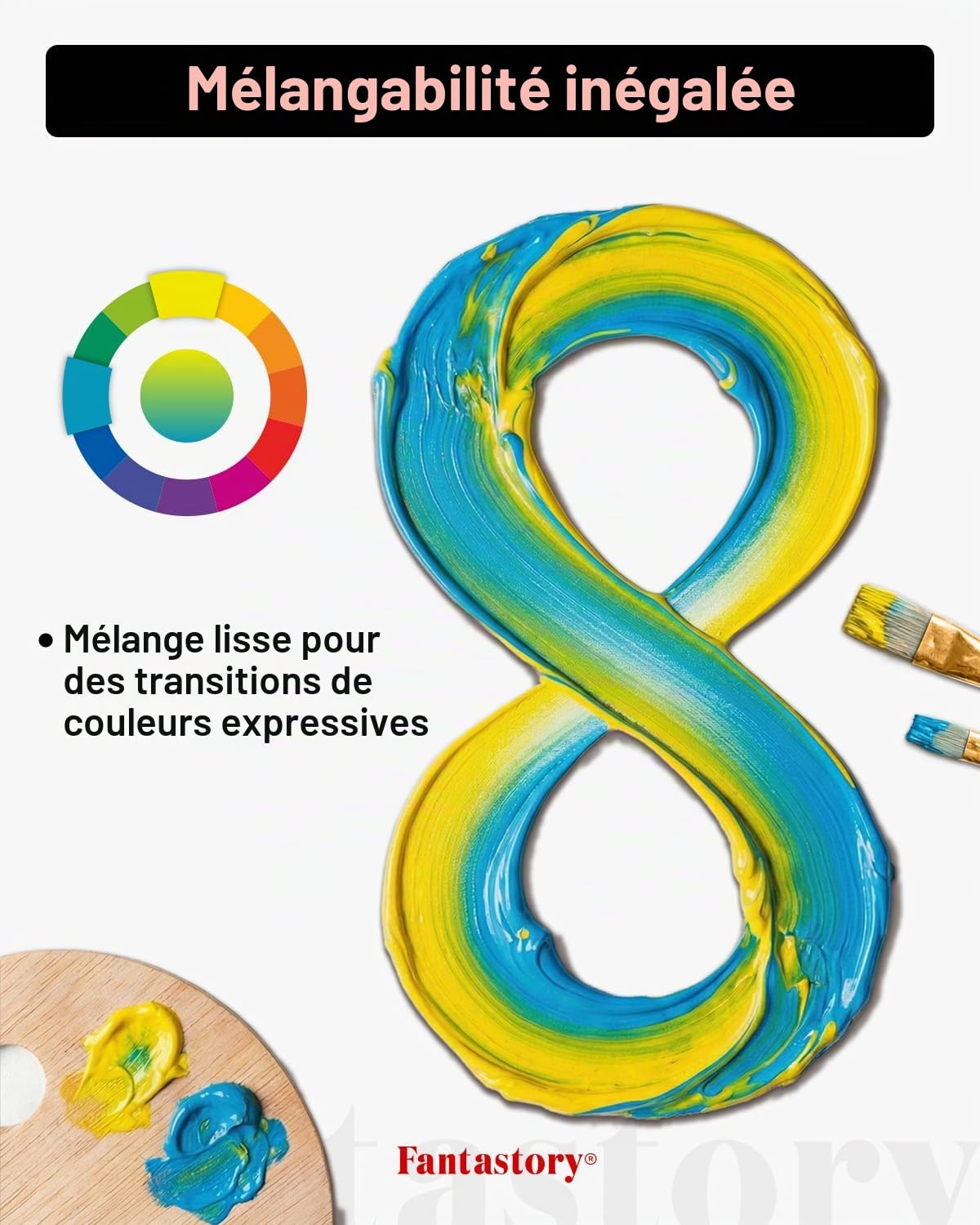 Fantastory Set de peintures acryliques avec 36x60ml et 12 pinceaux, peintures résistantes à l'eau, non décolorantes et non toxiques, adaptées pour la toile, le bois, la céramique