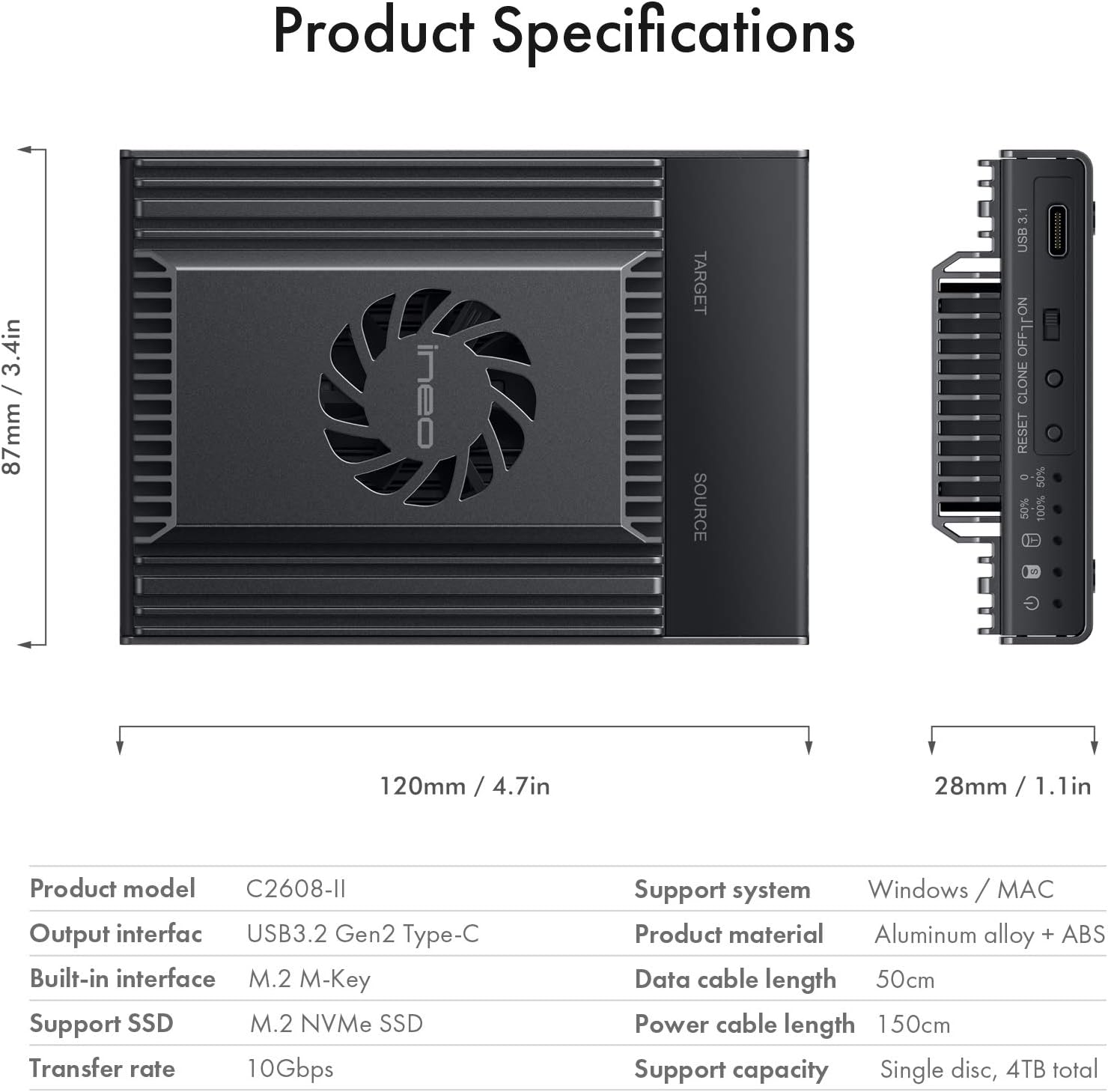 ineo Dual-Bay NVMe Clone Docking Built with Cooling Fan (Support Offline Clone Duplicator) [2608]