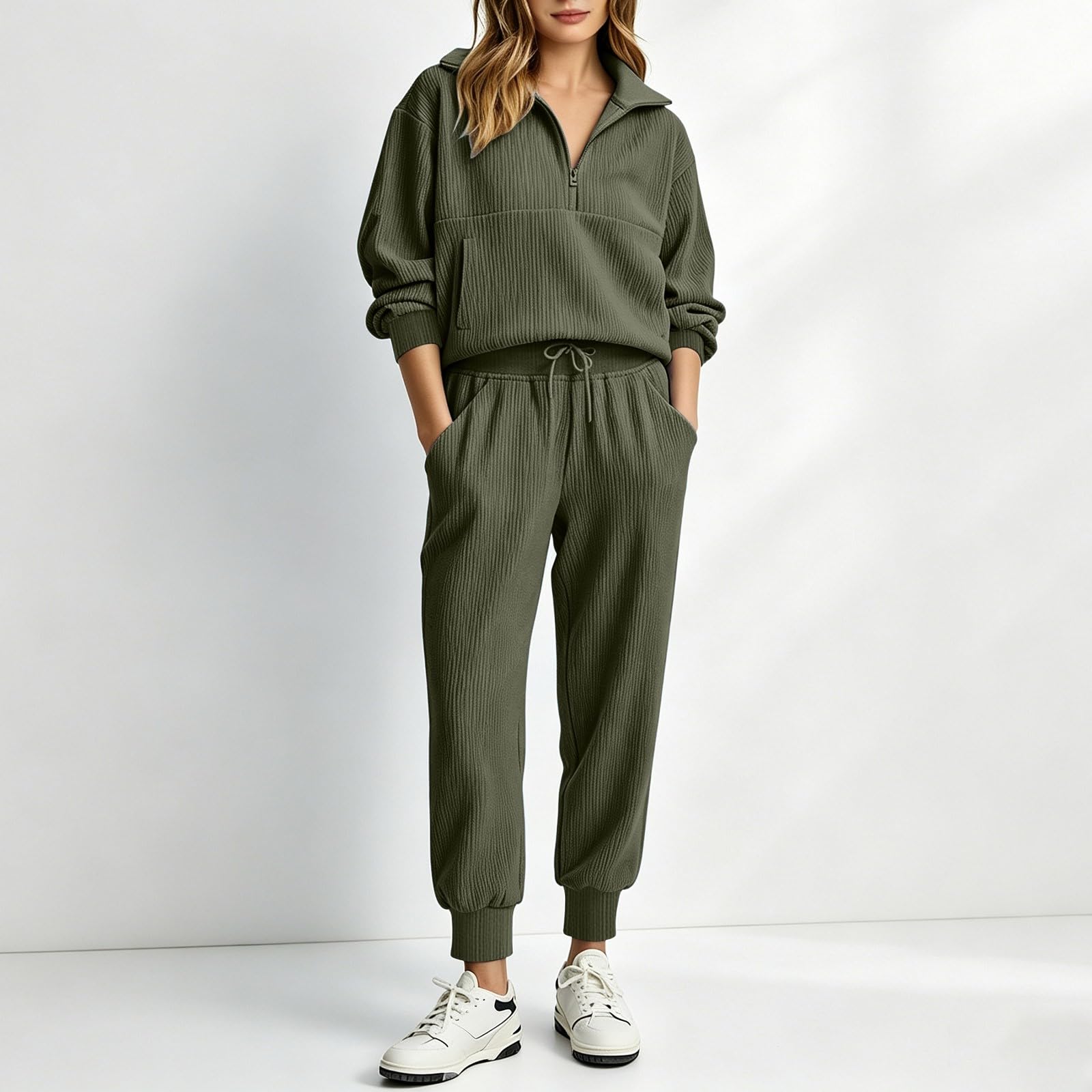 Set di tuta da donna 2 pezzi a coste elasticizzate con mezza zip felpa con risvolto pantaloni jogger autunno inverno casual allentato Co Ord set ampio coulisse loungewear set abbigliamento da viaggio