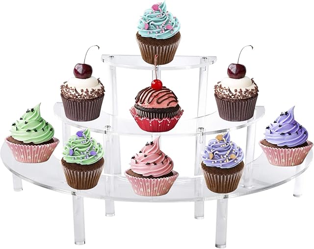 Homtone 3 Tier Clear Acrylic Cupcake Stands, Stable Collection Display Stand, Retail Risers Display Stand for Wedding Birthday Bakery Party, Half Moon Shape