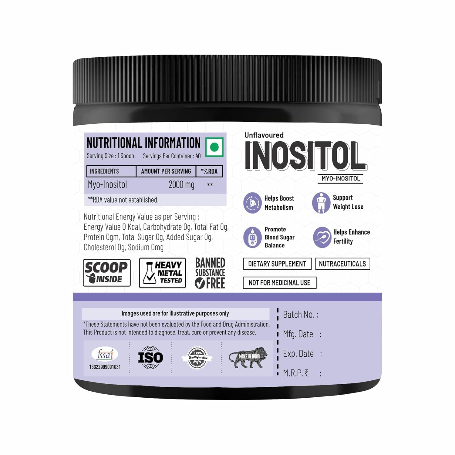 Adorreal Inositol Powder, Unflavoured Myo-Inositol Supplement, High Potency,100gm 3