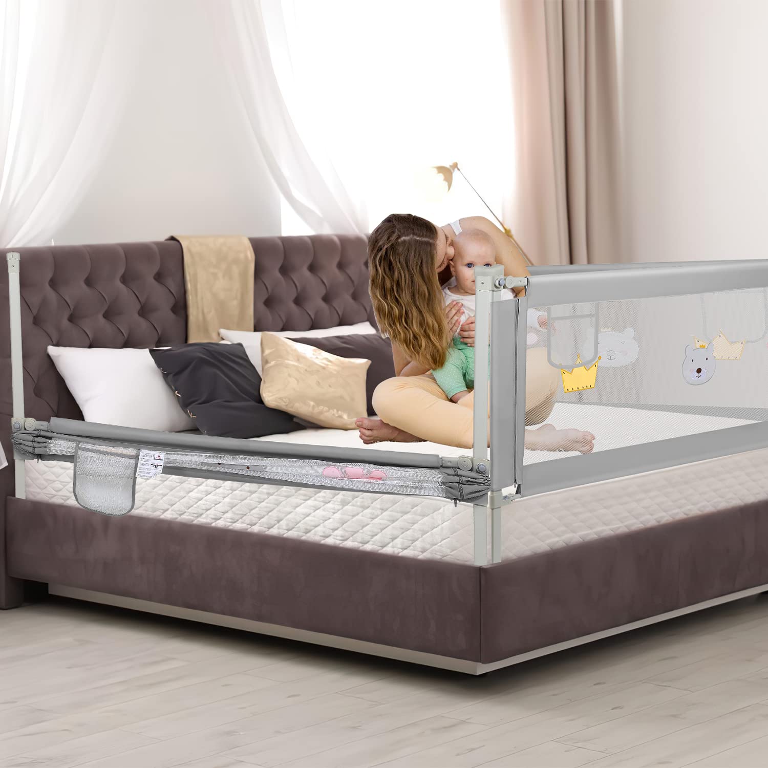 Fiqops Bettgitter rausfallschutz 180cm und 200cm,Rausfallschutz Bett Klappbar 2 STK,Bettschutzgitter vertikalen Heben,Fallschutz Bett stabile Bauweise,Baby bettgitter für Kinder,Grau Cartoon