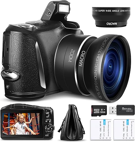 Monitech Digital Camera Compact Vlogging Camera, 4K 48MP Camera for Photography with 2 Batteries,32GB SD Card, 16x Digital Zoom, 3.0 inch