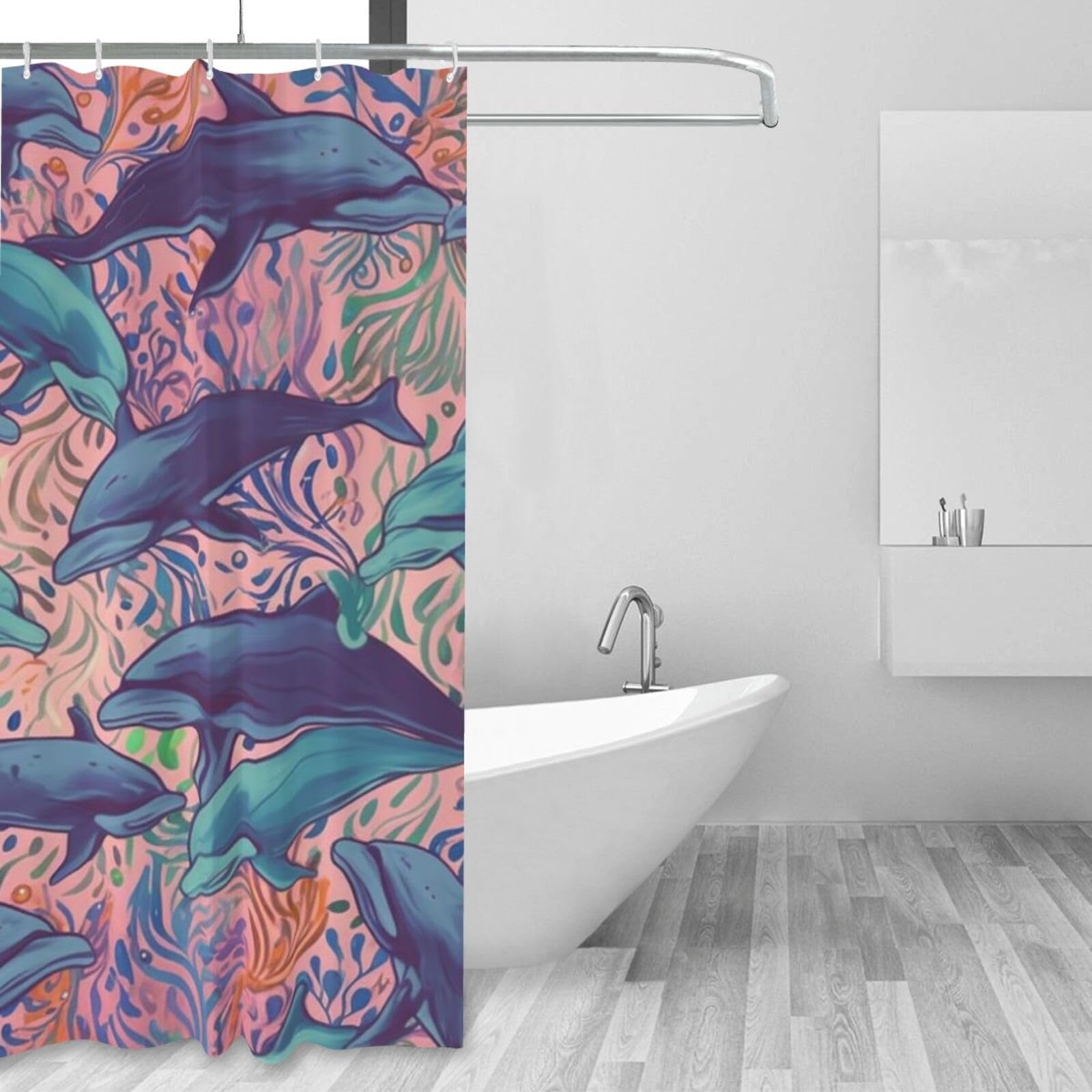 Rideau de douche anti éclaboussures dauphins avec 12 crochets
