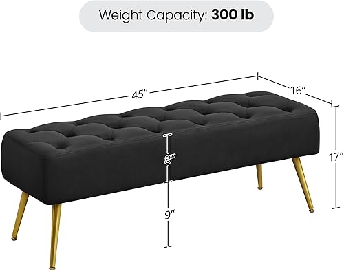 Miniatura 3 de Yaheetech Otomanas negras de 45 pulgadas, banco de terciopelo para el extremo de la cama, reposapiés otomano con patas doradas para sala de estar,