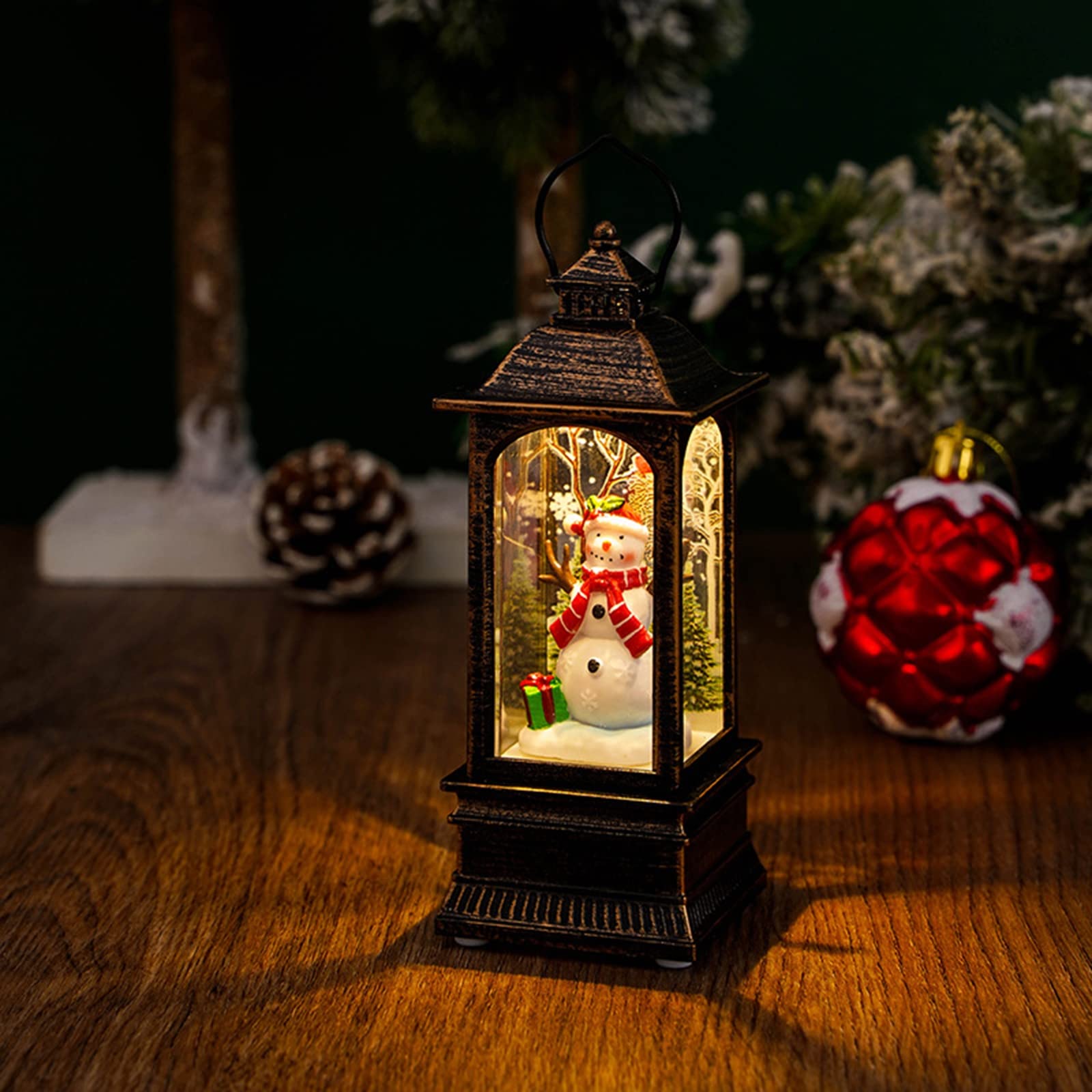 Lanterne de Noël avec effet LED vacillant et figurines Père Noël pour décoration festive