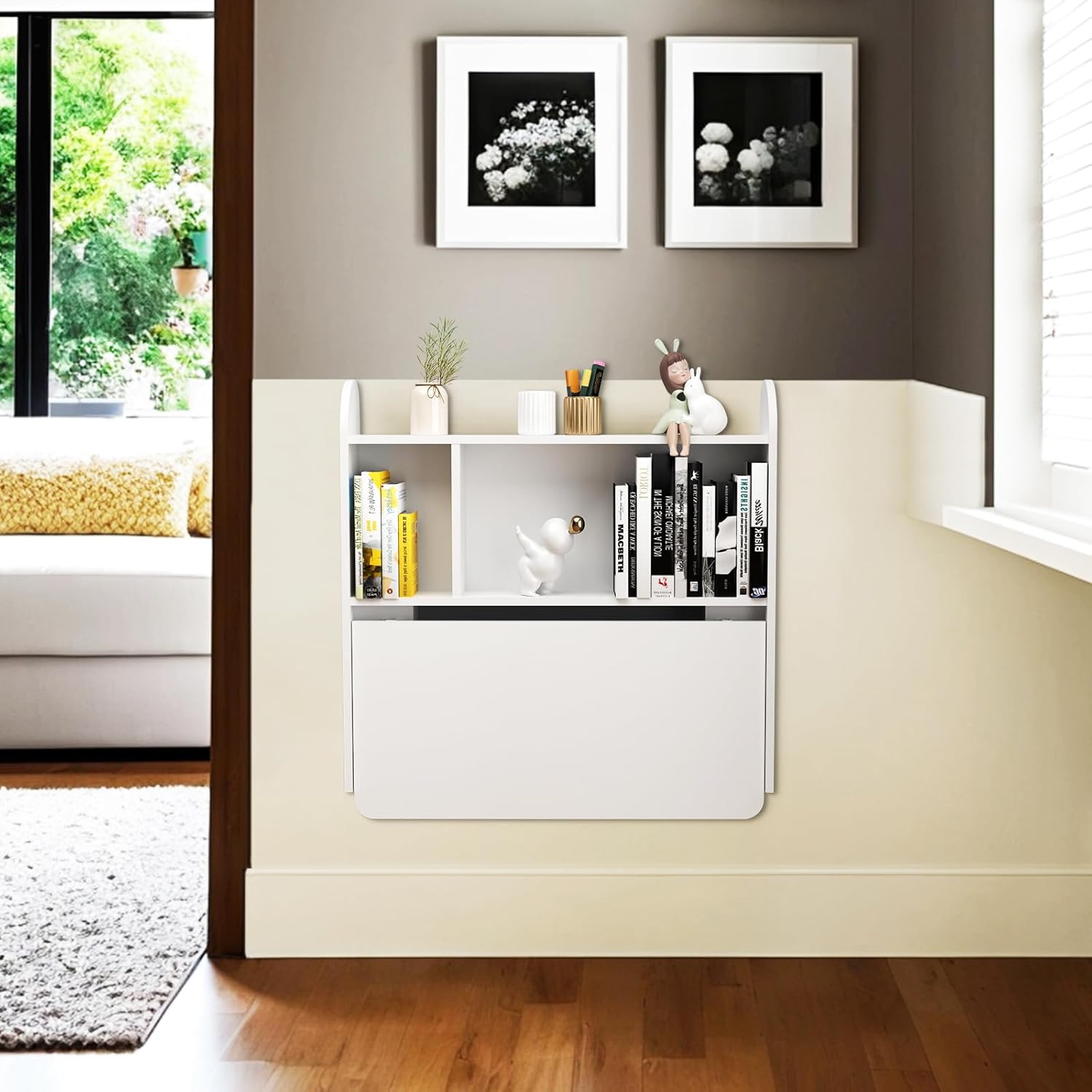 Wall Mounted Drop-Leaf Table, Floating Laptop Desk, Folding Table with Shelves, Multifunctional Computer Workstation with Storage Compartments in Home Office for Space Saving (White)