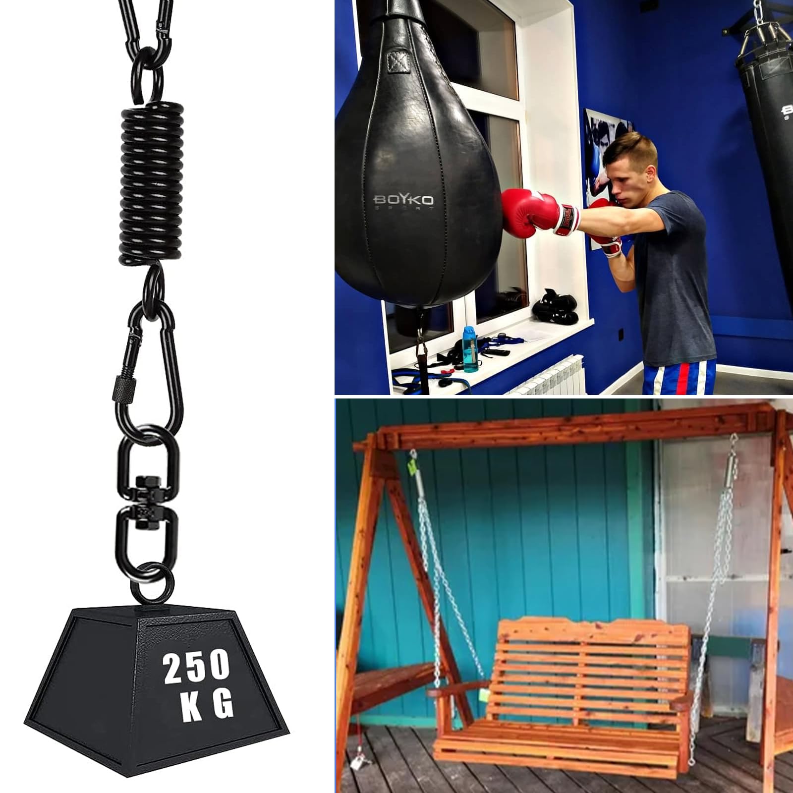 Molla oscillante per poltrona sospesa, con 2 moschettoni e gancio girevole a 360°, moschettone, portata fino a 250 kg, molla di sospensione per sacco da boxe, hammock, yoga