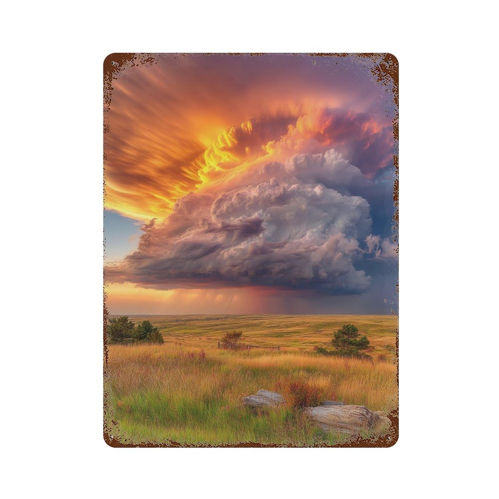 Thunderstorm Over The Plains Weathered Tin Sign 15.7"x11.8", Classic Wall Plaque for Garage, Bar And Workshop Decor