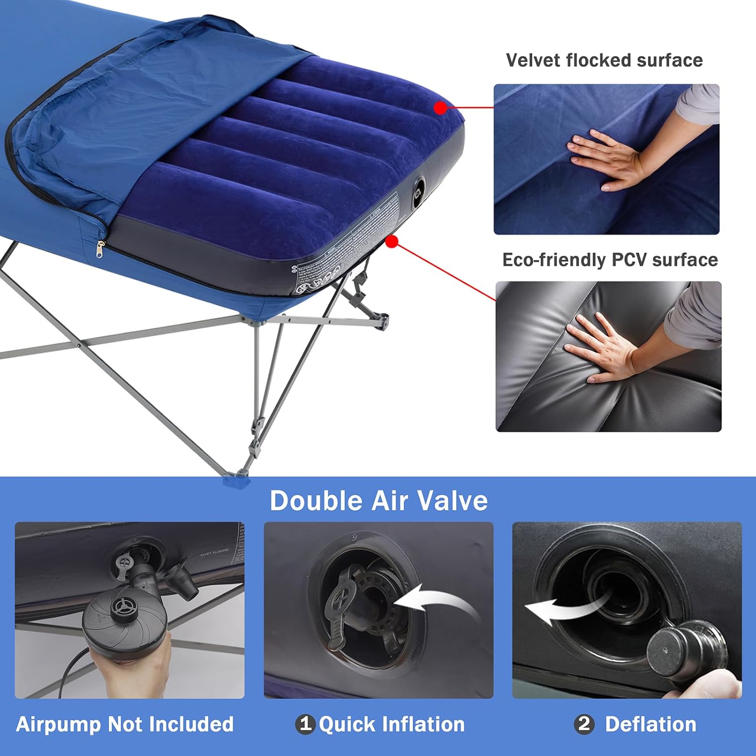 KAMPKEEPER Camping Cot,Camping Cots for Adults,Folding Camping Cot with Inflatable Air Mattress and Carry Bag,for Outdoor Travel Camp Beach Vacation (not Included The Airpump)