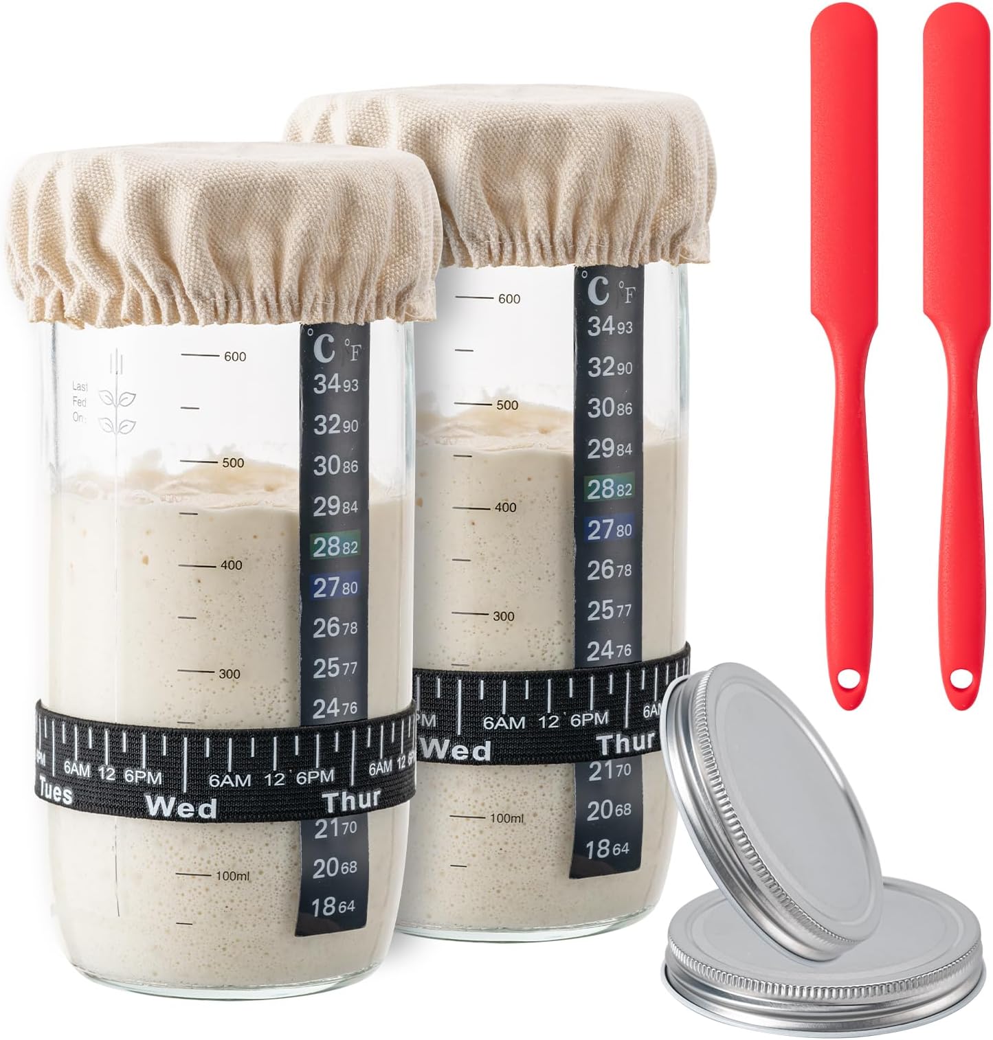 BOOMIBOO 24 oz 2pc Large Capacity Sourdough Starter Jar, Glass Jars Fermentation Kit, Sourdough Starter Kit with Date Marked Feeding Band, Thermometer, Cloth Cover & Metal Lid,Instruction Book