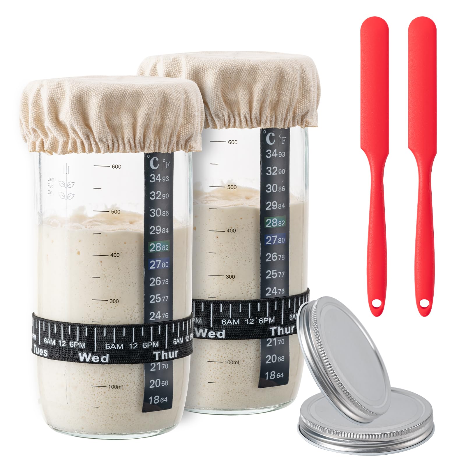 BOOMIBOO Sourdough Starter Jar, 24oz 2pcs Sourdough Bread Baking Supplies Fermentation Kit, Glass Jars Bread Making Accessories with Date Marked Feeding Band, Thermometer, Cloth Cover & Metal Lid
