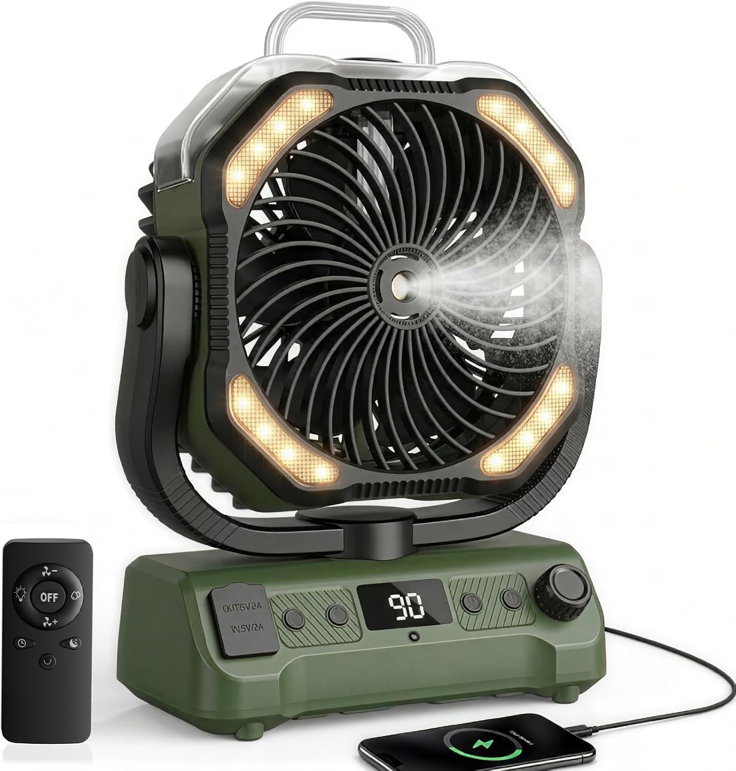 lollyes Camping Misting Fan with Dual Motor, 20000mAh Battery Powered, Rechargeable Portable Fan, Remoter, 360° Hook, Stepless Speed, for Outdoor, Office, Travel, Fishing, RV, Beach(Green)