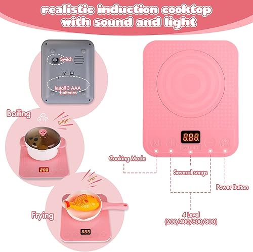 Miniatura 4 de Juguetes de cocina de cocina para niñas juego de 70 accesorios de cocina para niños con placa de inducción electrónica ollas y sartenes utensilios